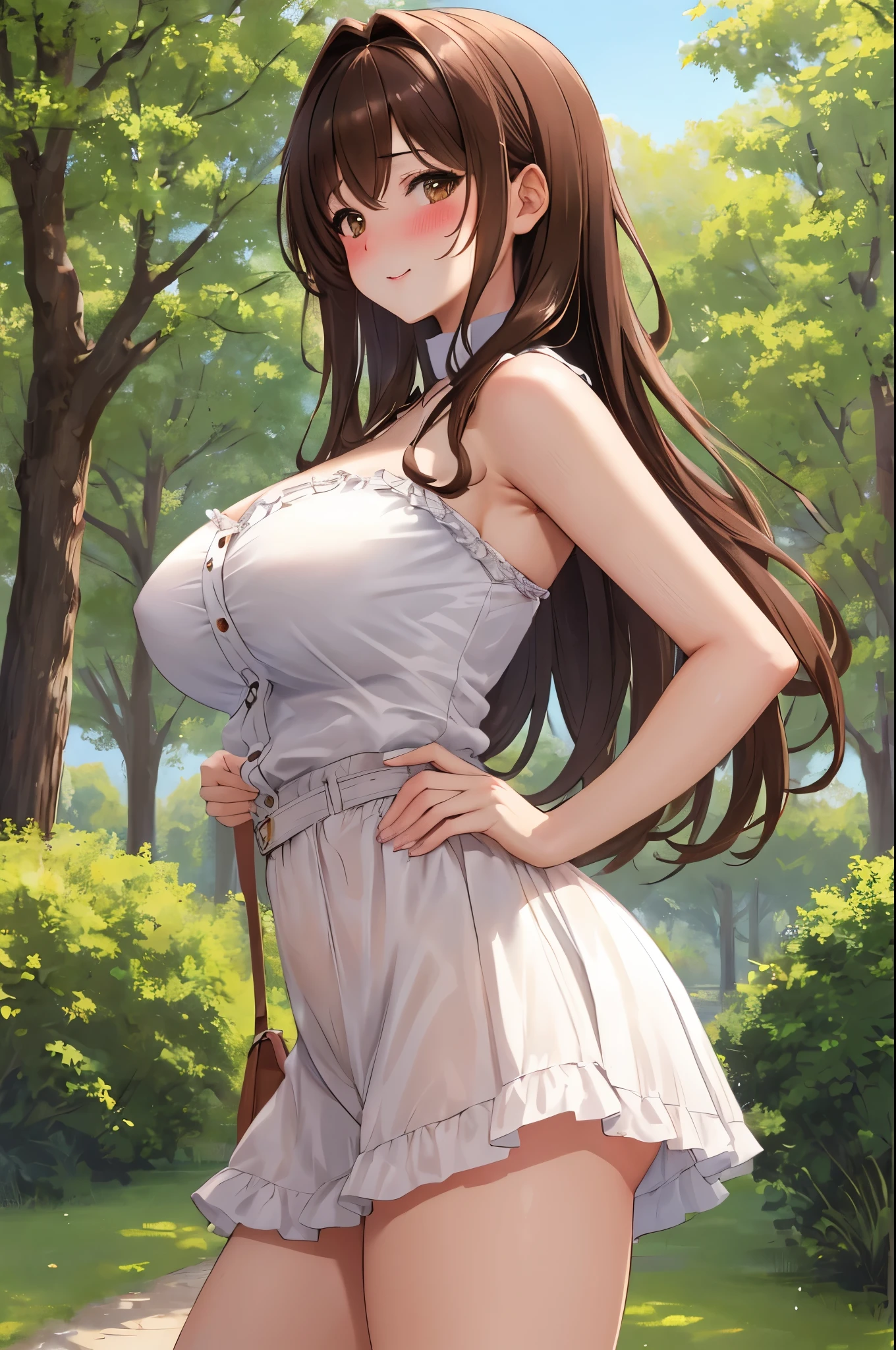 (masterpiece), (best quality), (Super detailed), 1 girl, Sexy pose, blush,medium breasts, Casual wear, happy, looking at the audience, big hair, brown hair, In a park with trees, Shy