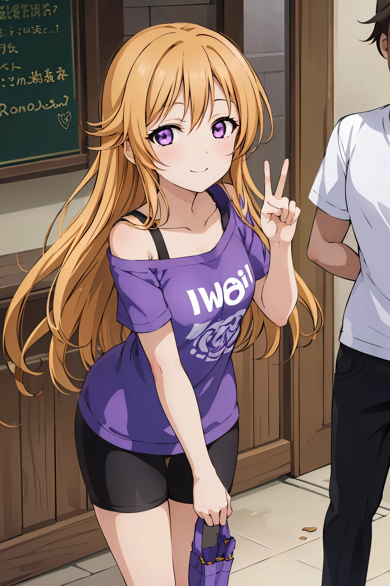 (best quality, masterpiece:1.2), (1girl, solo:1.2), smile, detailed background, (looking at viewer, solo focus:1.2), 
Konoe kanata, long hair, straight hair, purple eyes, blonde hair, off shoulder, t-shirt, purple t-shirt short, short sleeves, black bike shorts, standing, two peace sign, solo focus, 