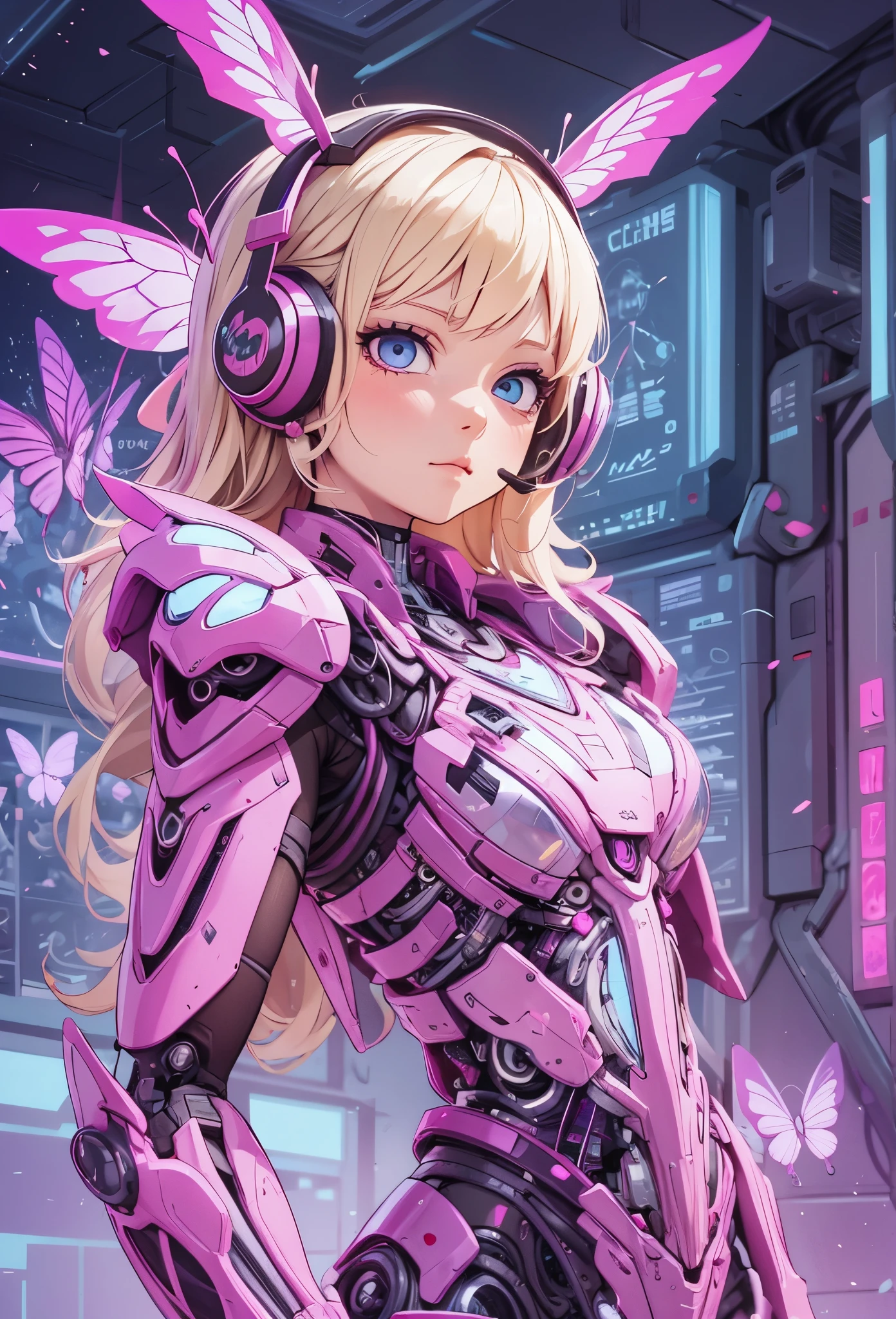 ((Highly accurate drawing in every detail)Extremely precise depiction)[High resolution],(detailed illustrations,とてもfineで緻密な描画,Delicate drawn lines with tempo,Realistic texture expression),[color traced main line],[lab],[[HENTAI]] ANIME (CYBERGirl anime Beauty  Cyborg[wavy hair (platinum blonde)]),([butterfly wingagenta pink papillon cyberne armor [aurora armor] Only the body is transparent material) cyber headset,(cybernetic [clear lenticular iris]),(intricate and beautiful decoration [Dense detail]),(Fine and beautiful skin expression [transparency]),((Precisely drawn eyes))[完璧な目のdetailed((Beautiful eyes like jewels)Iris drawn in precise detail)[clearly drawn pupils]],[eye light[Pinpoint lighting for the eyes]],[long and beautiful eyelashes],[precisely drawn hair [美しく艷やかな髪のdetailed]],(完璧な手のdetailed [Beautiful fingers with no damage [beautiful nails]]),(perfect anatomy(perfectly balanced proportions))[[full body portrait]],[[Highly constructed design]][ideal color coordination(Accurate simulation of light and material interactions)],([precision detail](detailed,高fine)),[Visual art that tells a story],((highest quality)fine[[High density drawing]])(4K quality).