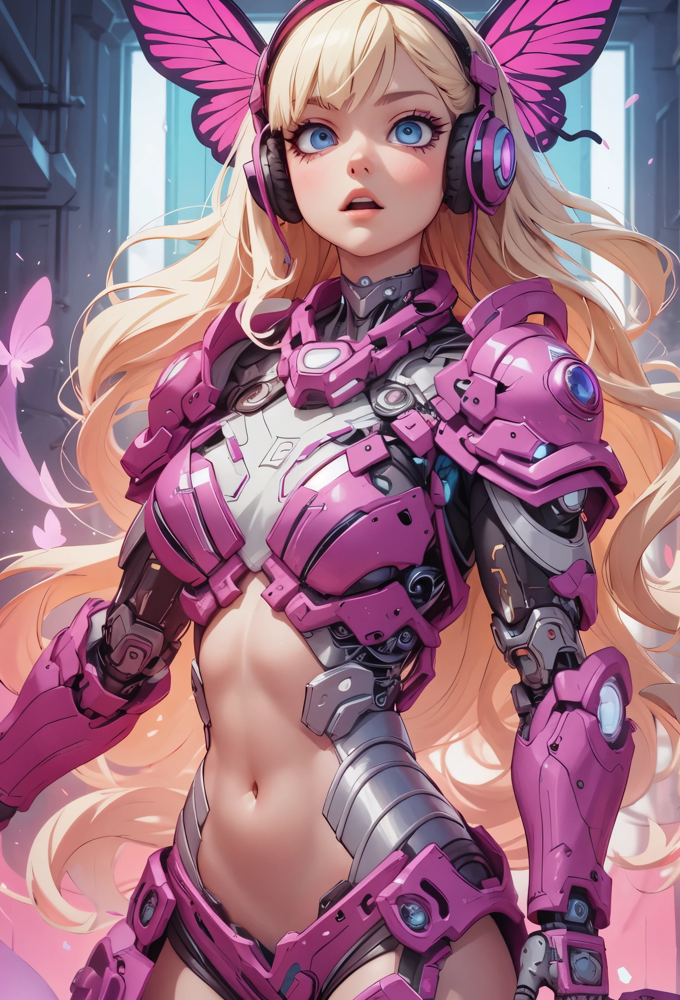 ((Highly accurate drawing in every detail)Extremely precise depiction)[High resolution],(detailed illustrations,とてもfineで緻密な描画,Delicate drawn lines with tempo,Realistic texture expression),[color traced main line],[lab],[[HENTAI]] ANIME (CYBERGirl anime Beauty  Cyborg[wavy hair (platinum blonde)]),([butterfly wingagenta pink papillon cyberne armor [aurora armor] Only the body is transparent material) cyber headset,(cybernetic [clear lenticular iris]),(intricate and beautiful decoration [Dense detail]),(Fine and beautiful skin expression [transparency]),((Precisely drawn eyes))[完璧な目のdetailed((Beautiful eyes like jewels)Iris drawn in precise detail)[clearly drawn pupils]],[eye light[Pinpoint lighting for the eyes]],[long and beautiful eyelashes],[precisely drawn hair [美しく艷やかな髪のdetailed]],(完璧な手のdetailed [Beautiful fingers with no damage [beautiful nails]]),(perfect anatomy(perfectly balanced proportions))[[full body portrait]],[[Highly constructed design]][ideal color coordination(Accurate simulation of light and material interactions)],([precision detail](detailed,高fine)),[Visual art that tells a story],((highest quality)fine[[High density drawing]])(4K quality).