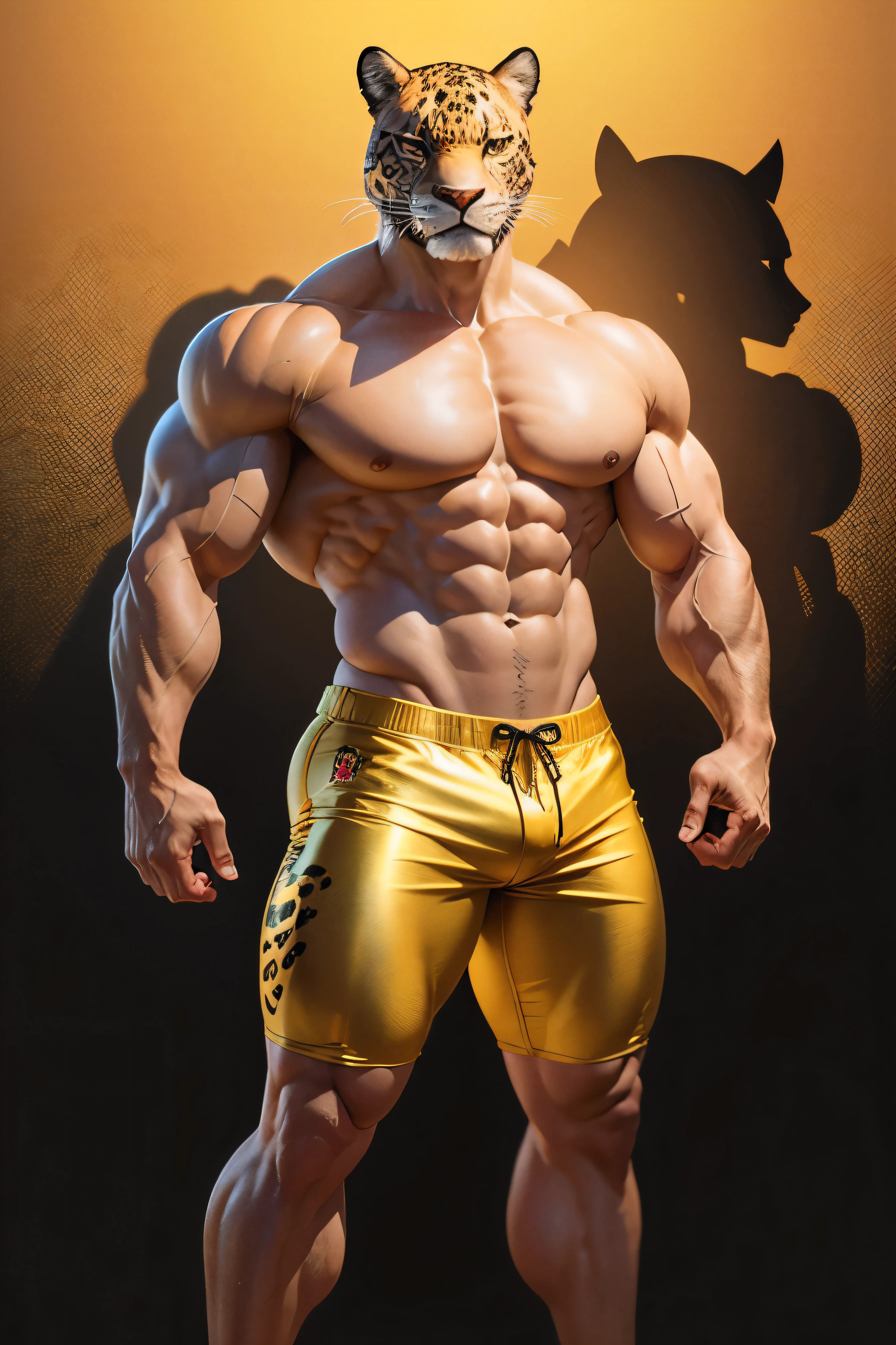 create a character with a strong human body and a jaguar head, shorts dourados, Frente, fisiculturista, Corpo todo, logo