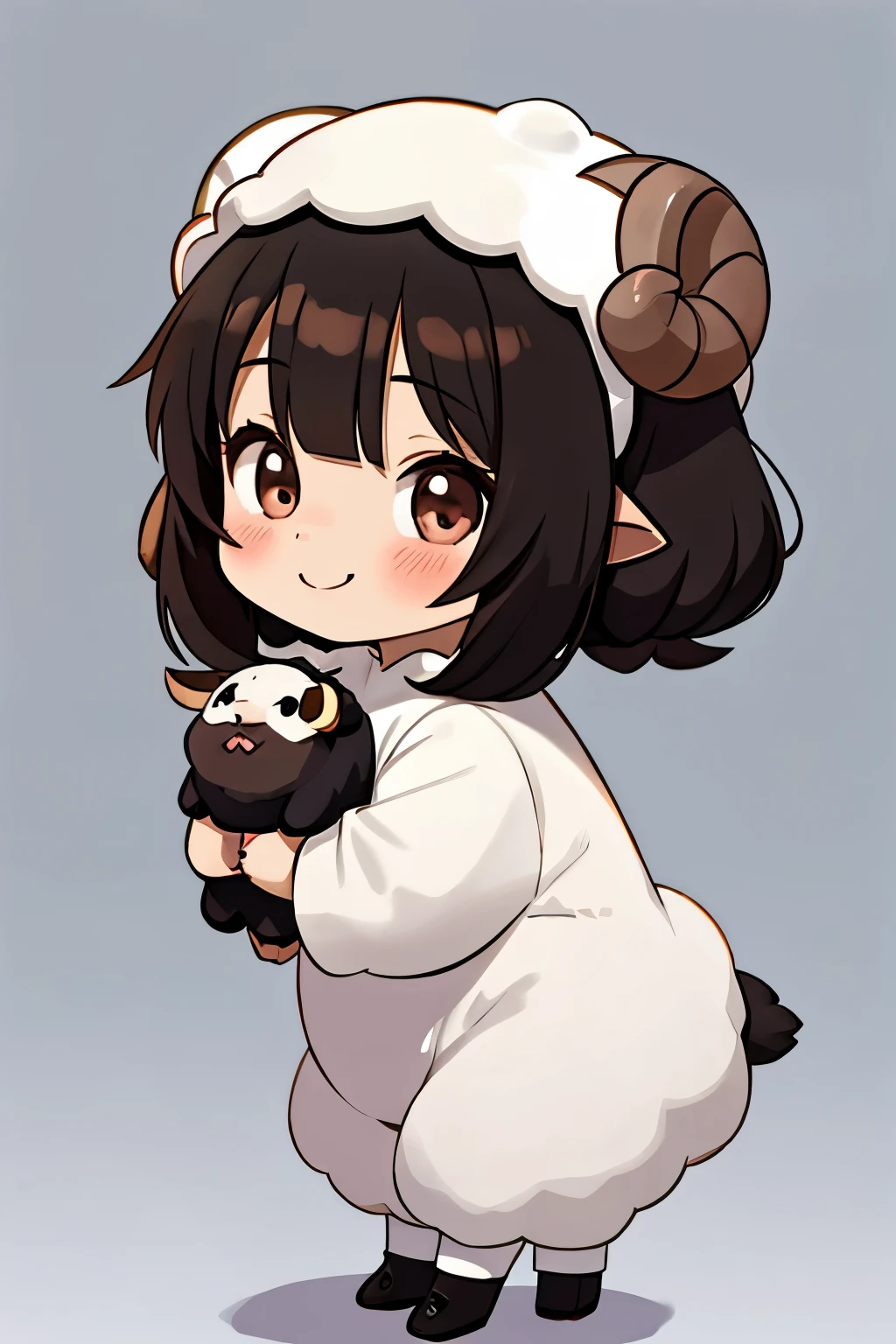 anime、Chibi girl wearing a deformed sheep costume、cute pose、smile、Take a photo from the side