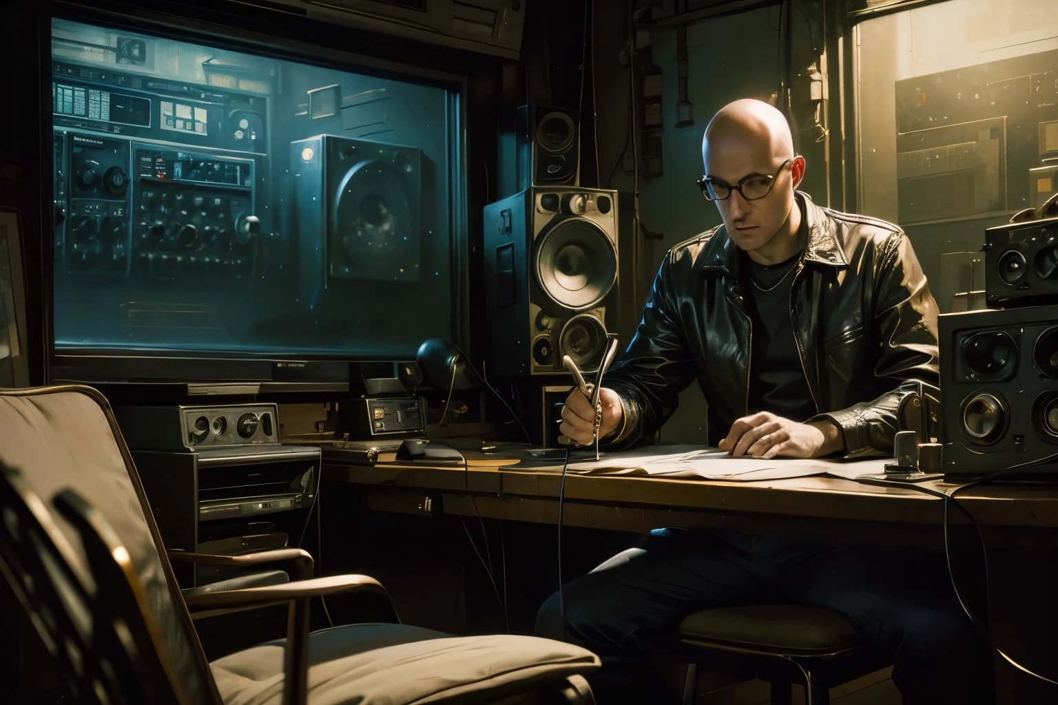1960s, a radio studio, a radio receiver on the table, the dial glows, a young bald man is sitting in a chair nearby, turning the audio table knob. Oil paints, impasto, Richard Schmidt, Mark Legault, Jeremy Mann.