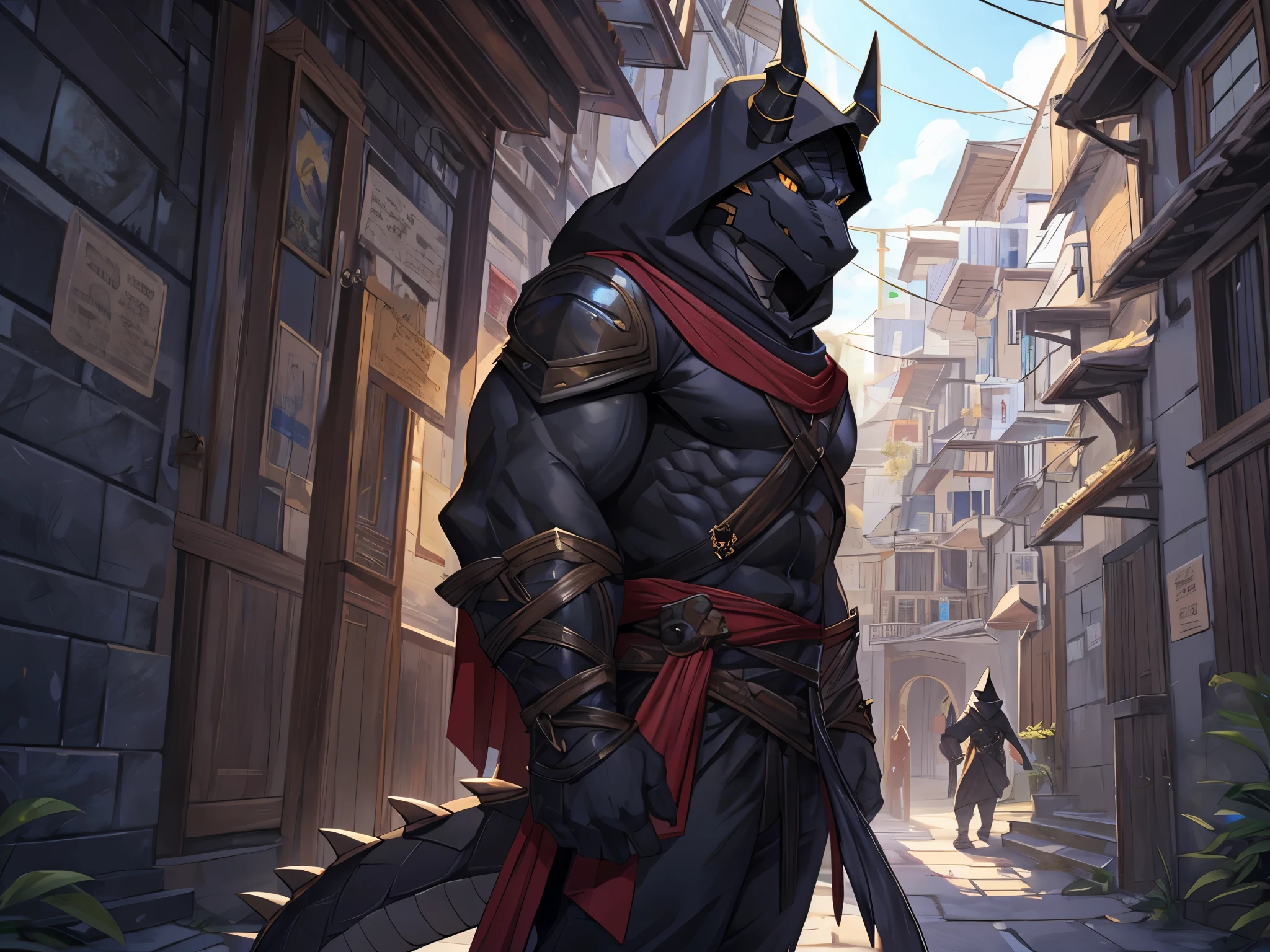 masterpiece, Anthropomorphic black dragon, There is a pair of beautiful dragon horns, golden pupils, Black dragon scales, 1 tail, The body is very muscular, nice, hood, laneway,Thief