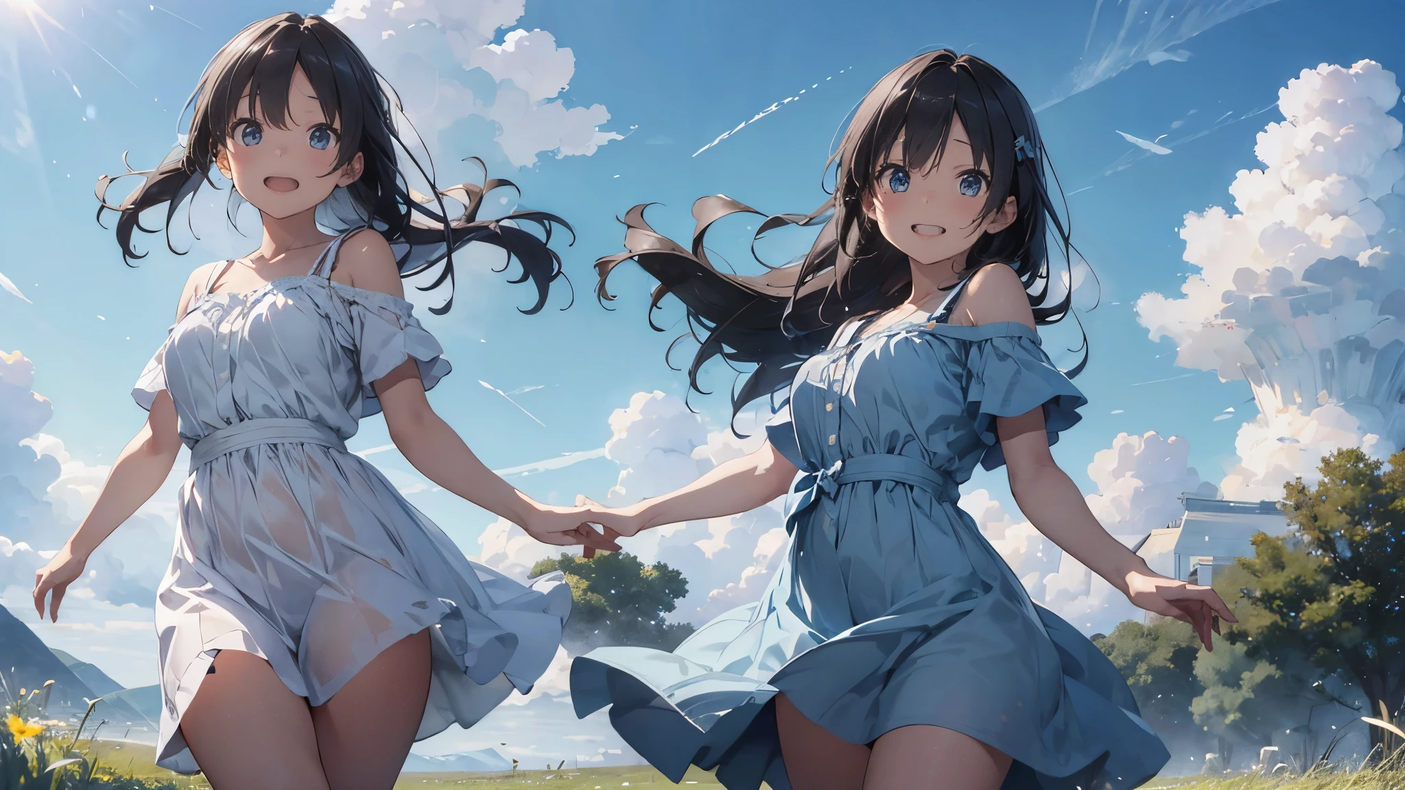 grassland、Blue sky、white cumulonimbus cloud、contrail、shining sun、meadow grass swaying in the wind、photo quality、live action、reality、Transparency、realistic depiction、8K quality、nffsw、Digital single-lens reflex camera、high quality、film grain、Fujifilm XT3、girl wearing white camisole dress、standing posture、barefoot、hair swaying in the wind、shoulder-length hair、big breasts、big idiom bob、laughter、