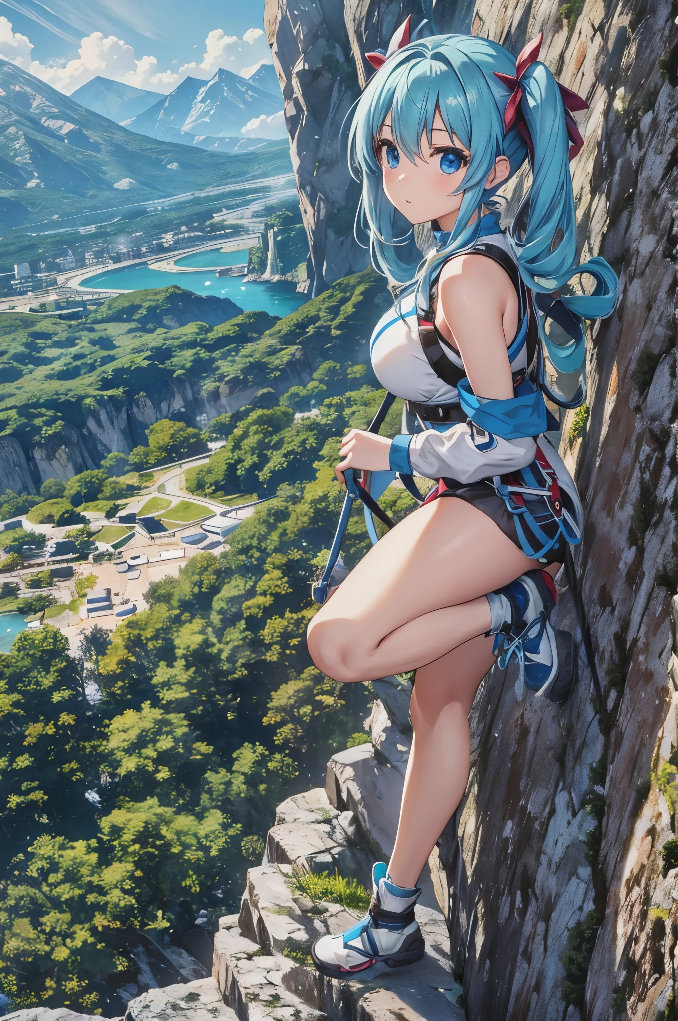A beautiful 25-year-old woman desperately climbing the rock face of a steep mountain., light blue long hair、twin tails、climber costume、camera from above. anime style, very detailed.