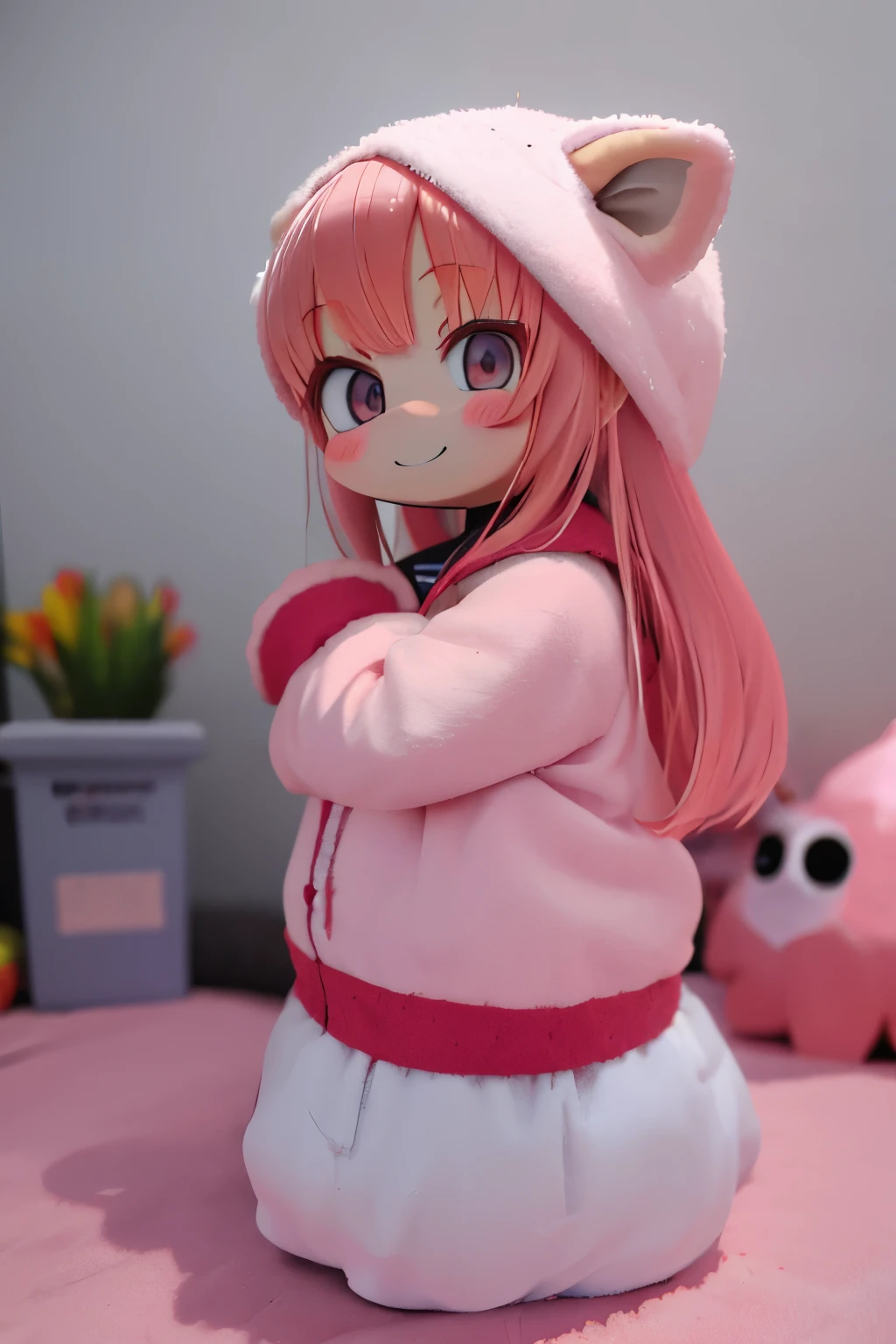anime、Chibi girl wearing a deformed sheep costume、cute pose、smile、Take a photo from the side