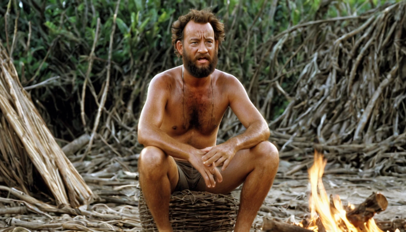 film "cast away", Tom Hanks is in very bad condition, he has hardly eaten for 6 months and he is very thin, he has a months-old beard and disheveled hair, sitting in front of a bonfire while talking with his friend Wilson, the volleyball player who accompanies him in his loneliness, shipwrecked.