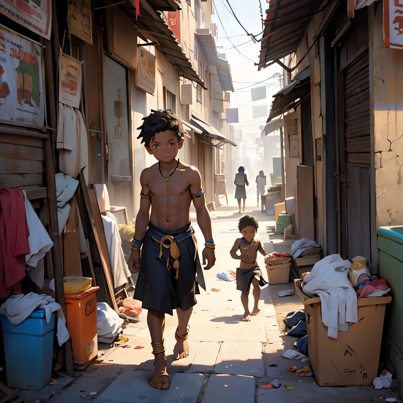 There is a 6-year-old boy, shirtless with an ancient black Egyptian skirt, barefoot, homeless, looking for food in the garbage of a city, and there is another 8-year-old boy looking at him.