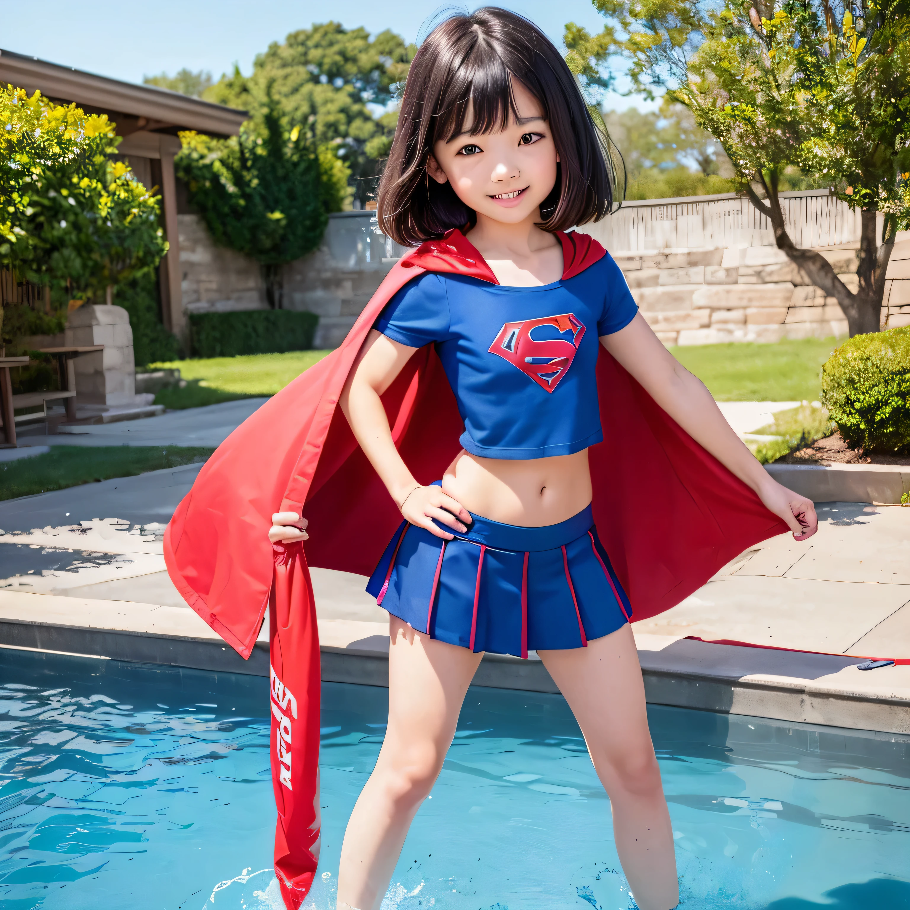 A very elementary school student is wearing Supergirl clothes...、realistic pictureasterpiece、highest quality、Spreading black hair、bob cut with trimmed ends、(flat chest)、lolicon、red cloak、short sleeve、belly button、sunny summer day、Poolside、(whole body)、smile、stand with hands on hips、10 years old