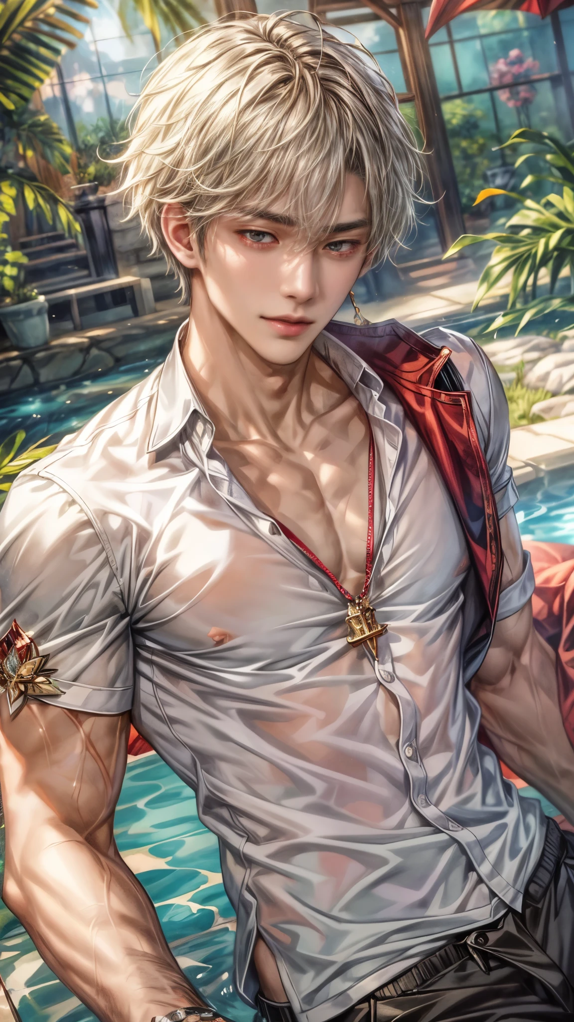 (absurdres, highres, ultra detailed, HDR), masterpiece, intricate, best quality, close-up portrait of a handsome anime character from ayashino ceres, short hair, original hair, captivating scene , boy enjoying a luxurious poolside. happy face, topless, see through shirt showing chest, Incorporate elements of nature, architecture, and the character's unique charm to create a visually stunning and immersive environment, art kenouji.