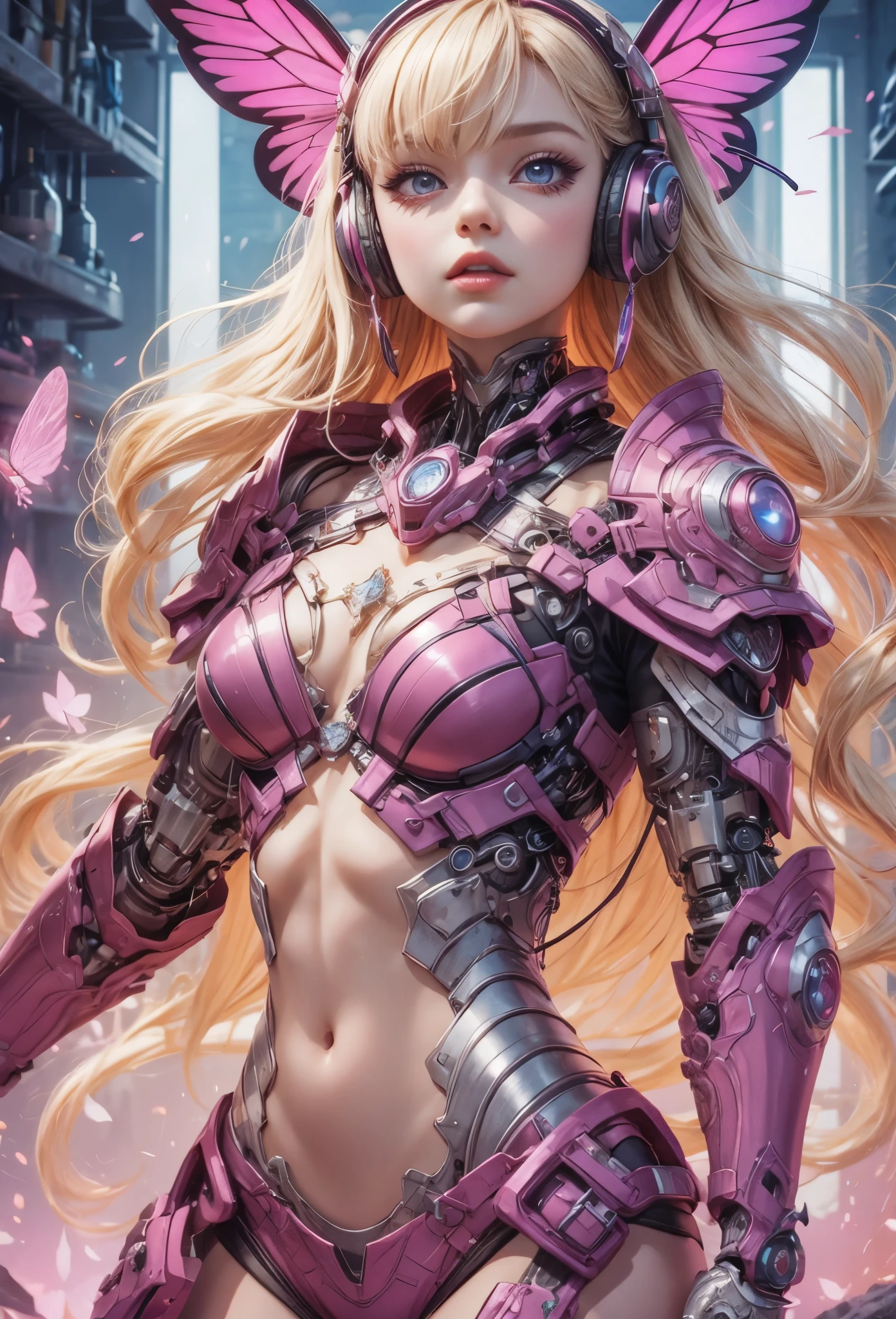 ((Highly accurate drawing in every detail)Extremely precise depiction)[High resolution],(detailed illustrations,とてもfineで緻密な描画,Delicate drawn lines with tempo,Realistic texture expression),[color traced main line],[lab],[[HENTAI]] ANIME (CYBERGirl anime Beauty 13 years old Cyborg[wavy hair (platinum blonde)]),([butterfly wingagenta pink papillon cyberne armor [aurora armor] Only the body is transparent material) cyber headset,(cybernetic [clear lenticular iris]),(intricate and beautiful decoration [Dense detail]),(Fine and beautiful skin expression [transparency]),((Precisely drawn eyes))[完璧な目のdetailed((Beautiful eyes like jewels)Iris drawn in precise detail)[clearly drawn pupils]],[eye light[Pinpoint lighting for the eyes]],[long and beautiful eyelashes],[precisely drawn hair [美しく艷やかな髪のdetailed]],(完璧な手のdetailed [Beautiful fingers with no damage [beautiful nails]]),(perfect anatomy(perfectly balanced proportions))[[full body portrait]],[[Highly constructed design]][ideal color coordination(Accurate simulation of light and material interactions)],([precision detail](detailed,高fine)),[Visual art that tells a story],((highest quality)fine[[High density drawing]])(4K quality).