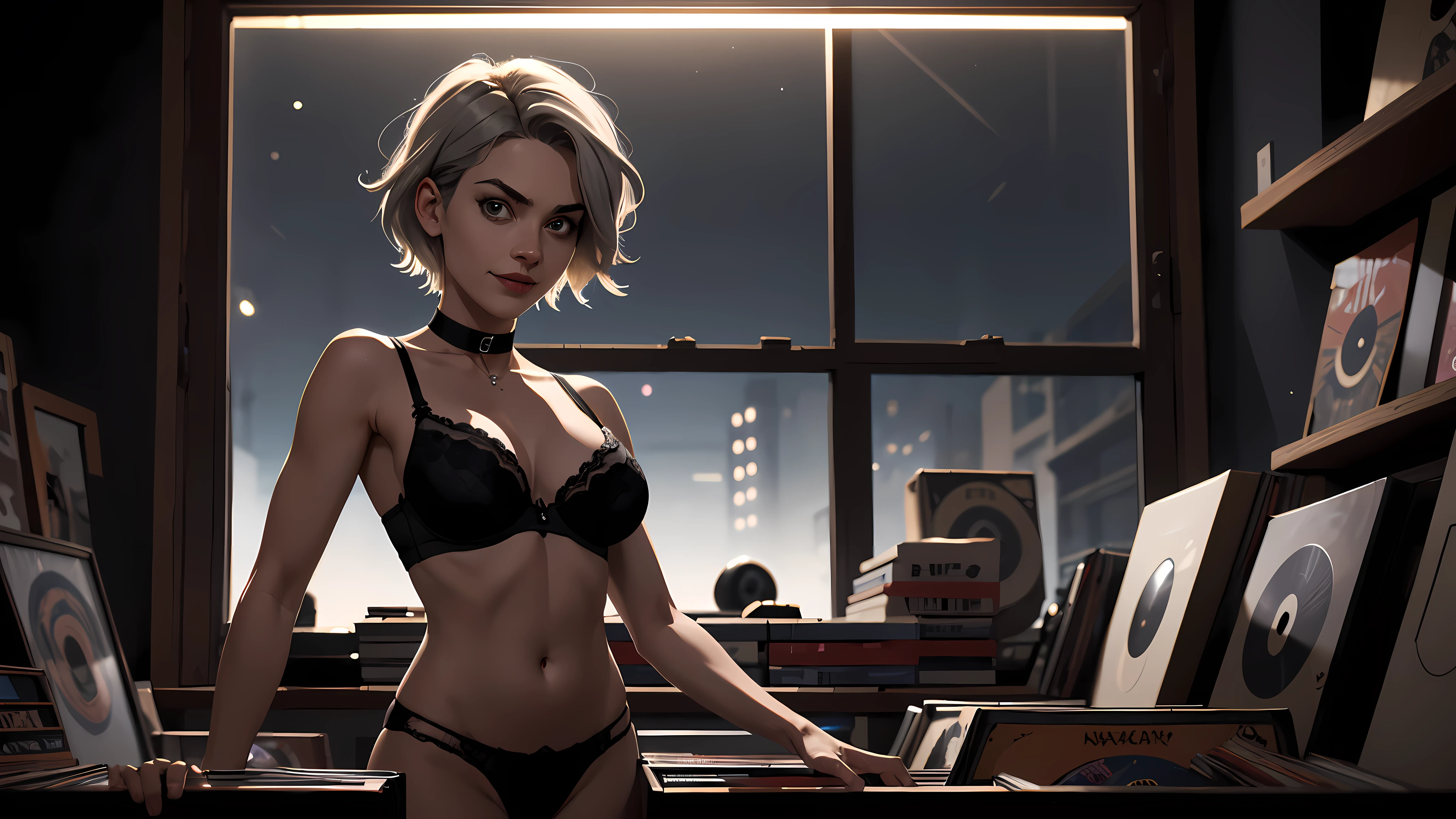 ((1girl)), 50 year old woman, short grey hair, big sad eyes, sweet smile, small breasts, thin hips, choker collar, black bra, black panties, standing, open door, open window, record store, vinyl, records, evening, nighttime, dramatic lighting, cinematic lighting, masterpiece, best quality