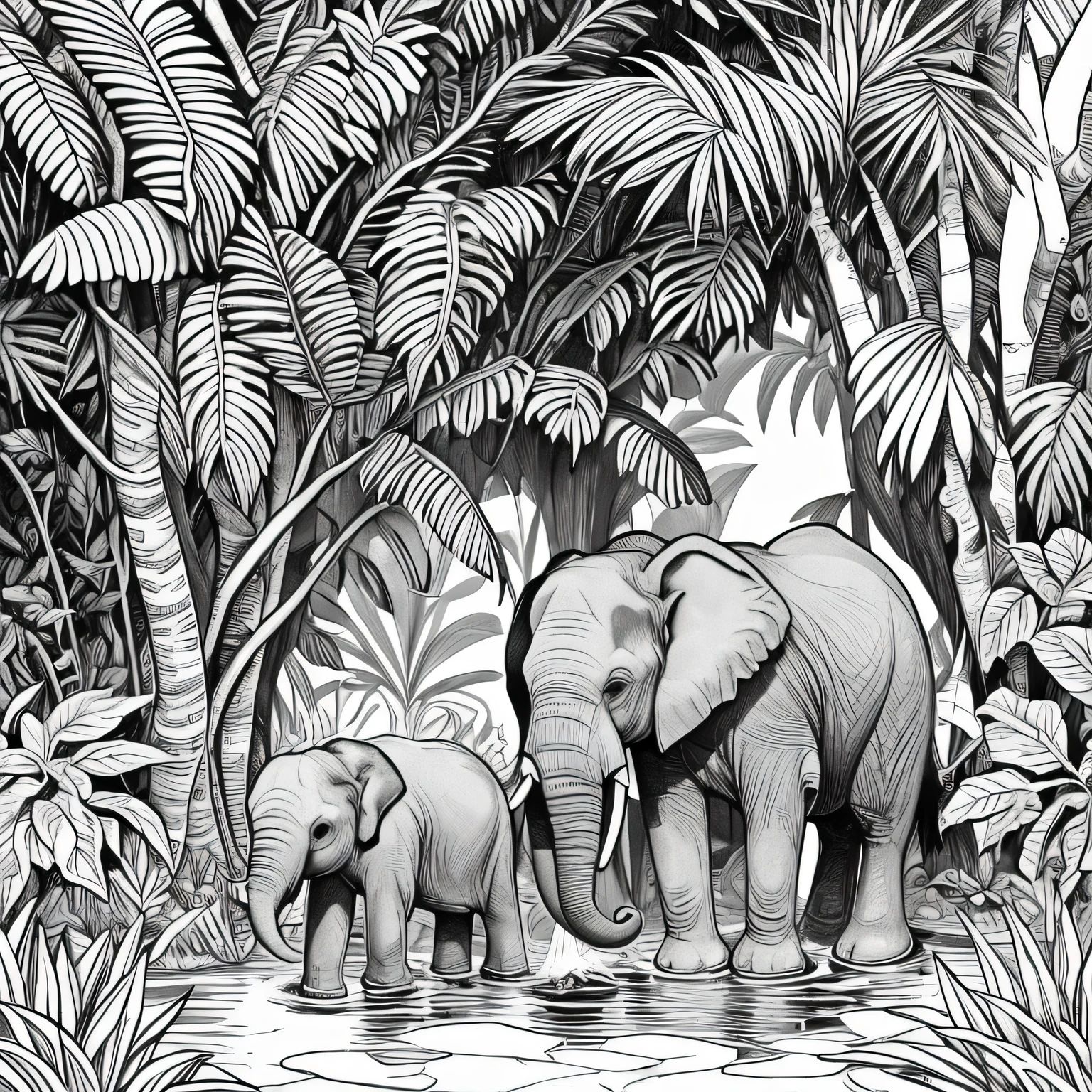 coloring page for kids, A cute baby elephant playfully spraying water in a lush jungle oasis, with colorful birds perched on tropical trees.
, thick lines, low detail, no shading, 
