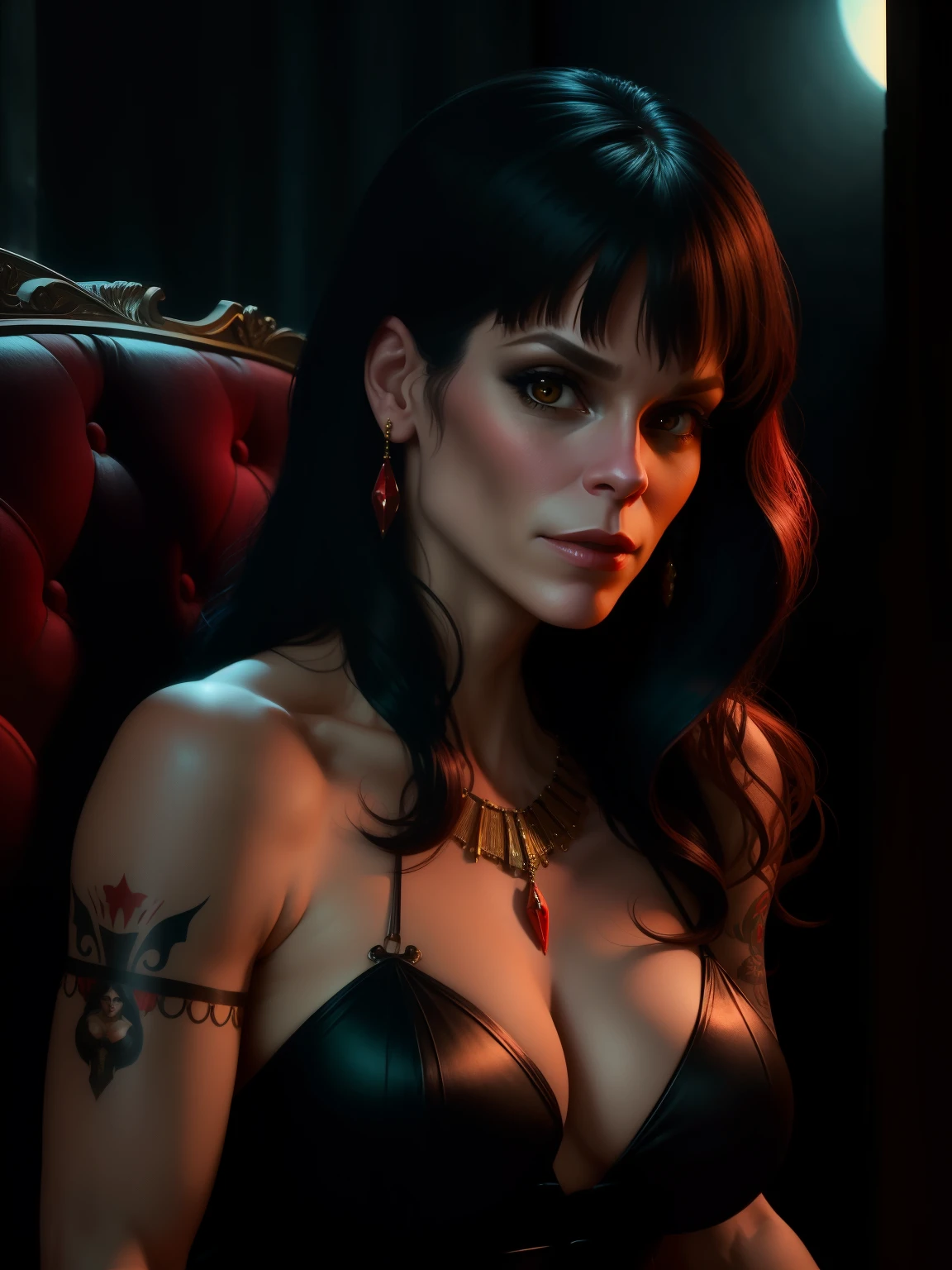 Cena do filme, close, (((beth hart))) de 37 anos, sexy, cabelos negros, cilios longos, ""Vampirella""