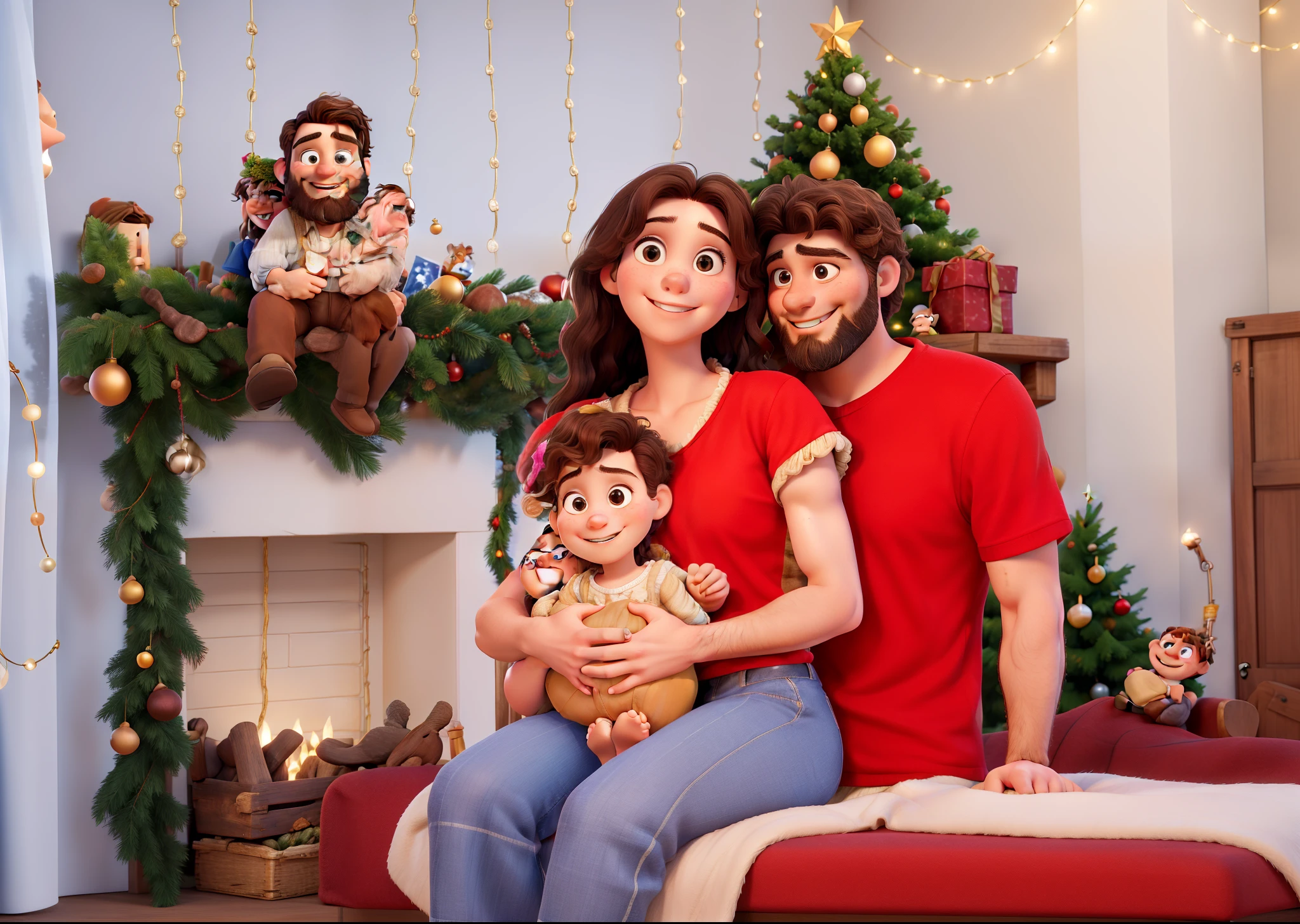 Masterpiece, of the best quality. Girl of approximately 25 years old, wavy hair a little below the shoulder, smiling, brown hair and eyes. Male holding a baby on his lap. Beside a man of approximately 29 years old, with short straight hair, a thin beard, beard and brown eyes and smiling. Background with Christmas decoration