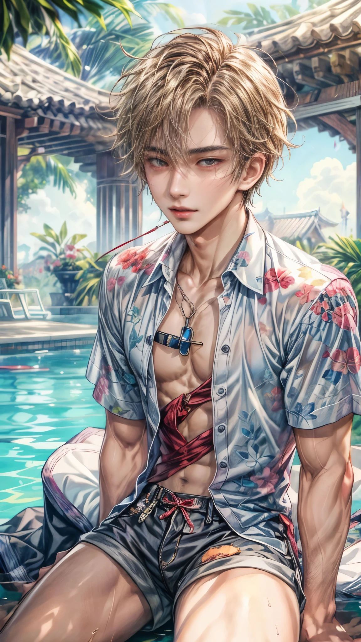 (absurdres, highres, ultra detailed, HDR), masterpiece, intricate, best quality, close-up portrait of a handsome anime character from ayashino ceres, short hair, original hair, captivating scene , boy enjoying a luxurious poolside. happy face, topless, see through shirt showing chest, Incorporate elements of nature, architecture, and the character's unique charm to create a visually stunning and immersive environment, art kenouji.