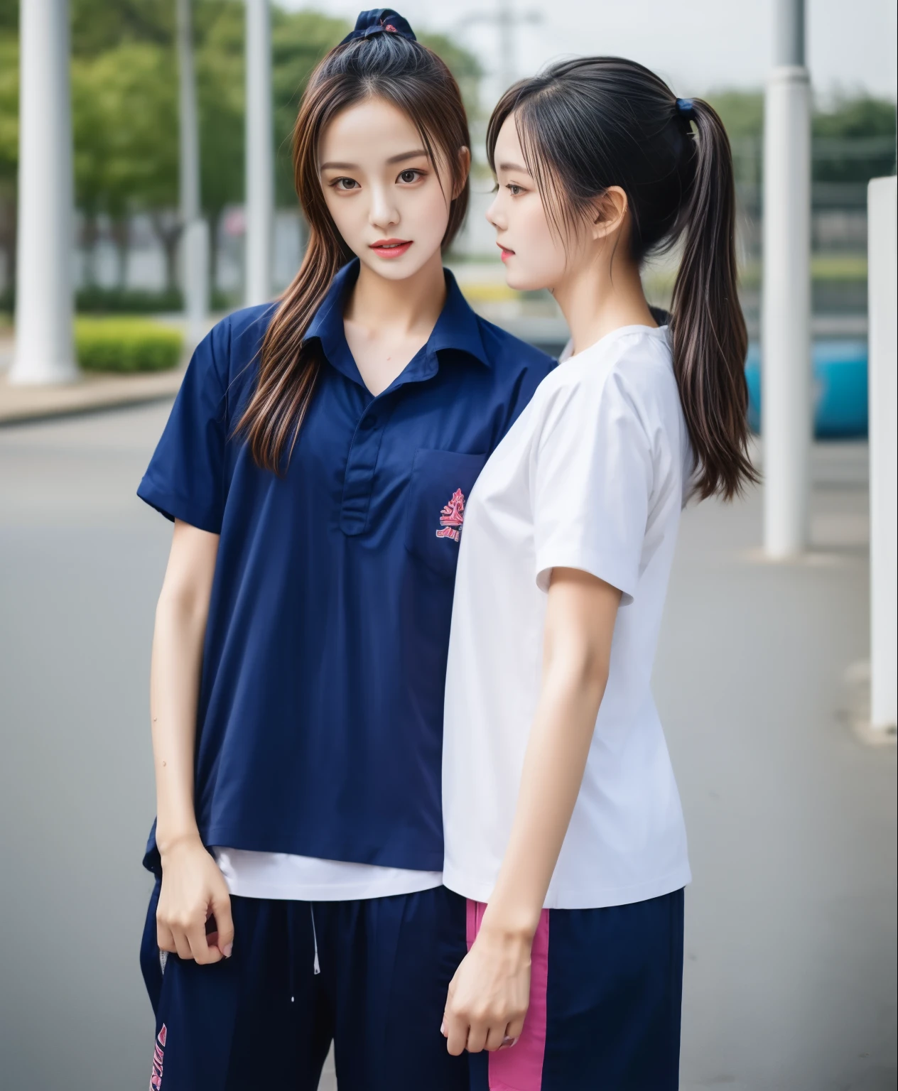 3 girls in fitness center, Navy blue short-sleeved shirt,Navy Long Trackpant,Sweatpants, Long sweatpants,25 year old girl, lesbian, sexy, exercise clothes, wet body, exercise clothes