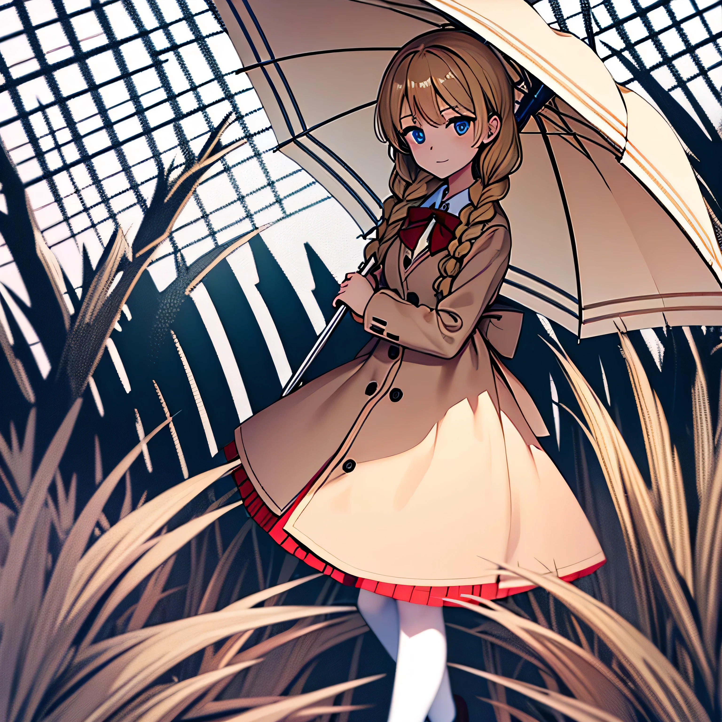 one girl, best quality, lineart, monochrome, satomura akane, long hair, blond hair, blue eyes, twin braids, large braids, school uniform, knee length skirt, red skirt, white socks, school shoes, shirt with a red bow, closed beige cardigan sweater, holding an umbrella, apathic face, full body, outdoors, tall grass field, raining, monochrome