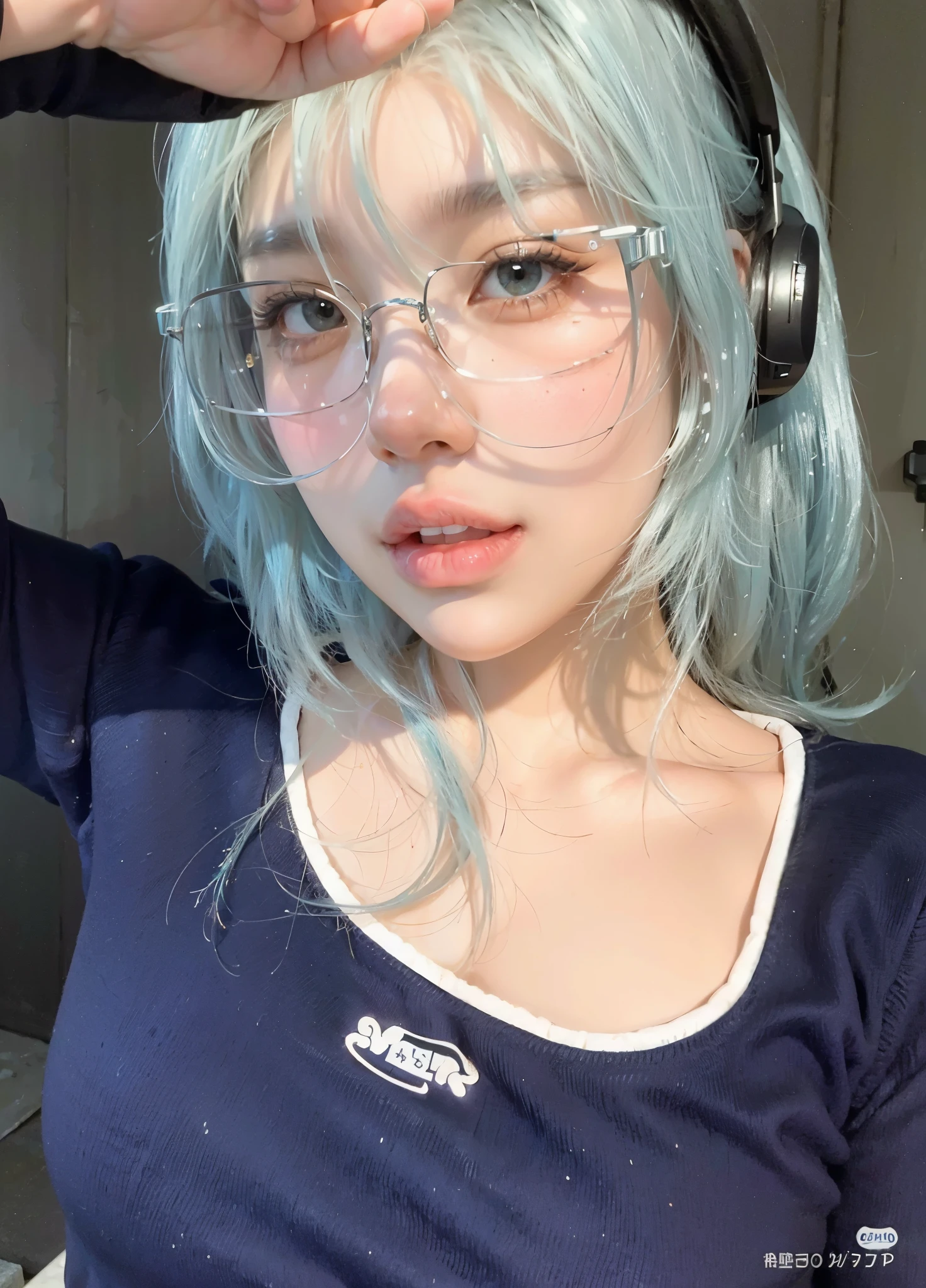 un primer plano de una persona con auriculares y gafas, bella delfina, jaeyeon nam, gafas gruesas, muchacha coreana, con gafas, sun yunjoo, con pelo azul, contraction transmitter, korean idol, pelo liso azul cielo, heonhwa choe, vibraciones de anime, pretty girl con pelo azul, e-chica, and - girl