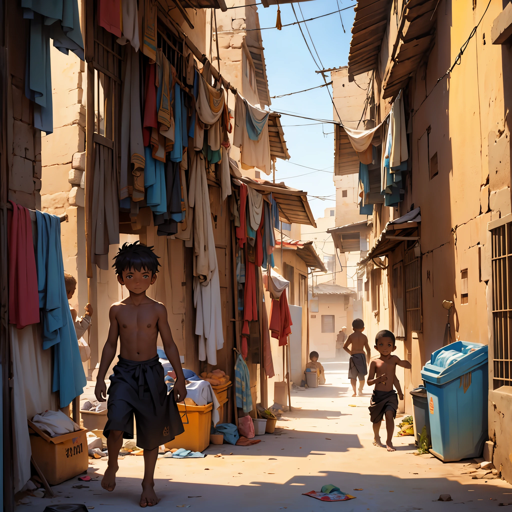 vista panoramica de una antigua ciudad de egipto pero en explendor, There is a 6--old , shirtless with an ancient black Egyptian skirt, barefoot, homeless, looking for food in the garbage of a city, and there is another 8-year-oly loog at him.
