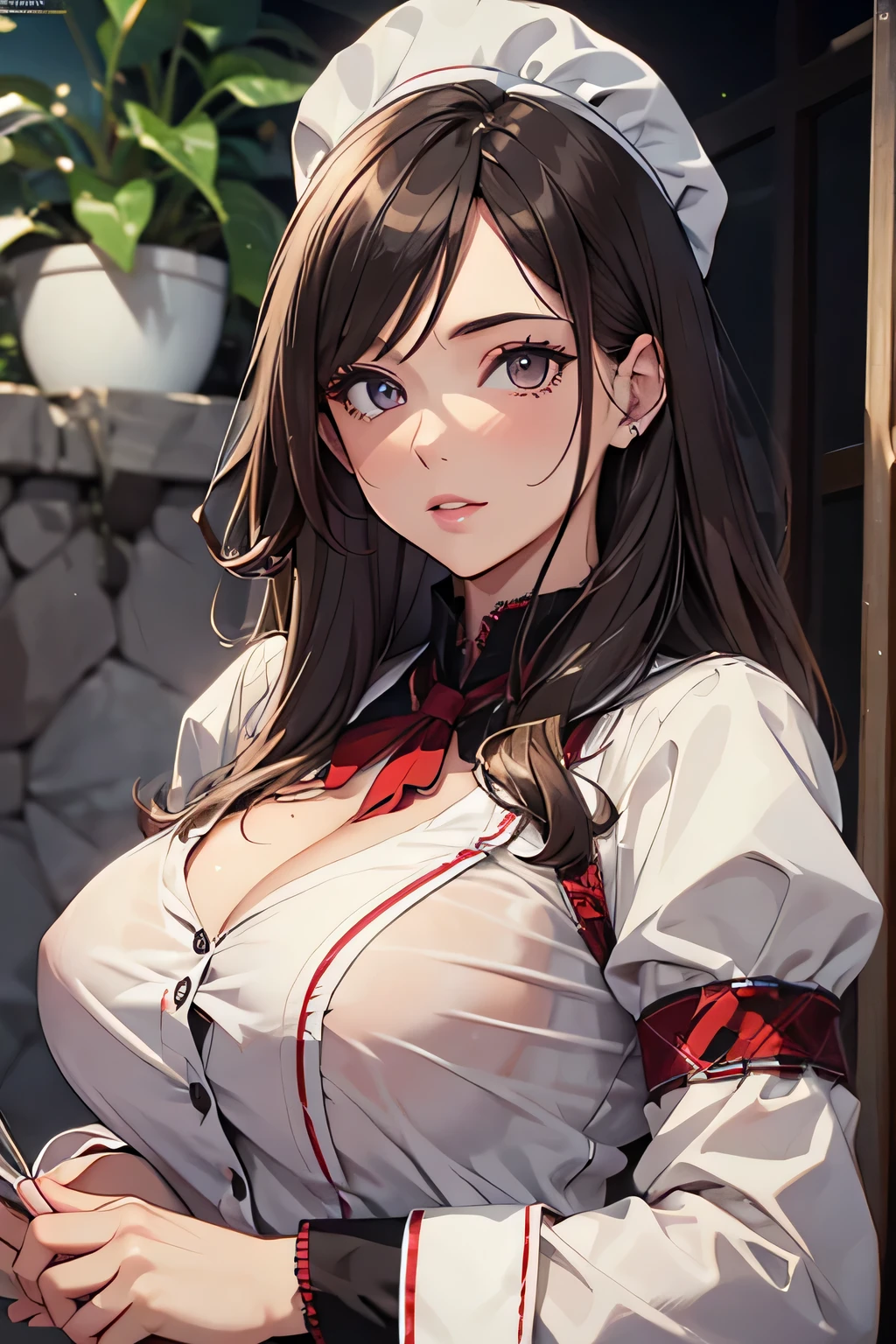 ((8K)), ((Chef d'oeuvre)), ((portrait)), ((gros seins)), (haut du personnage), (Button-down dress), (poitrine rebondie), (Pas de clivage), (quality of'very high image), lunette, (jardin), (finely detailed eyes and detailed face:1.3), (extremely fine and beautiful:1.1), (perfect details:1.1)