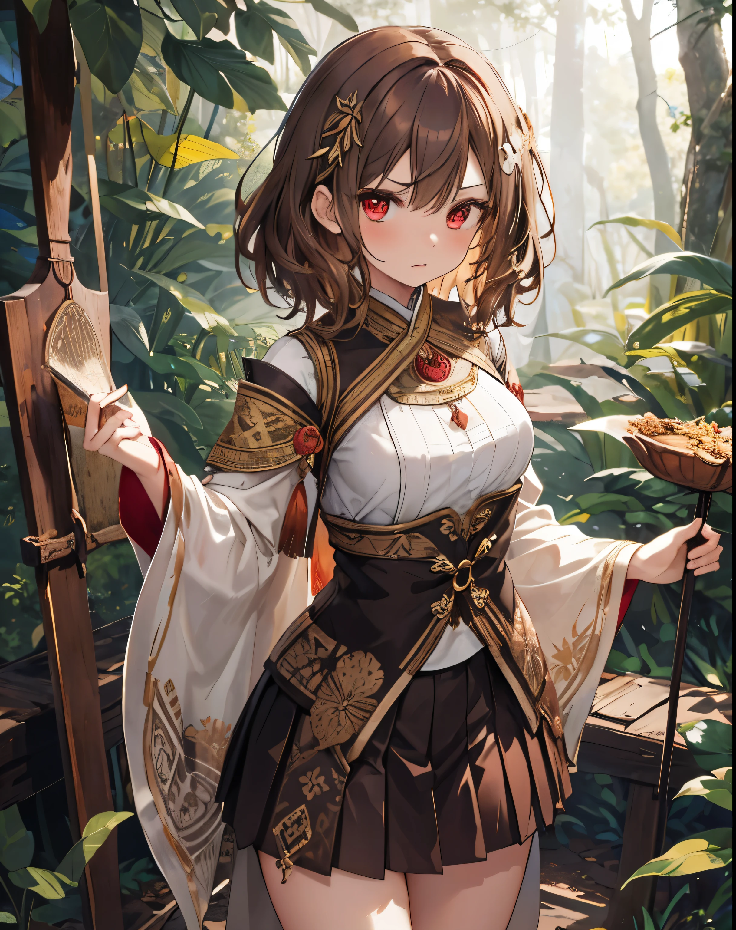 masterpiece, 1girl, sparrow, a brown haired girl, wearing an javanese medieval herbalist clothes, curly medium hair, messy hair, slim body, wearing adventurer clothes, she close her left eye, shirt ornament, angry expression, red eyes, stand at forest, medium breasts, batik skirt, pleated skirt