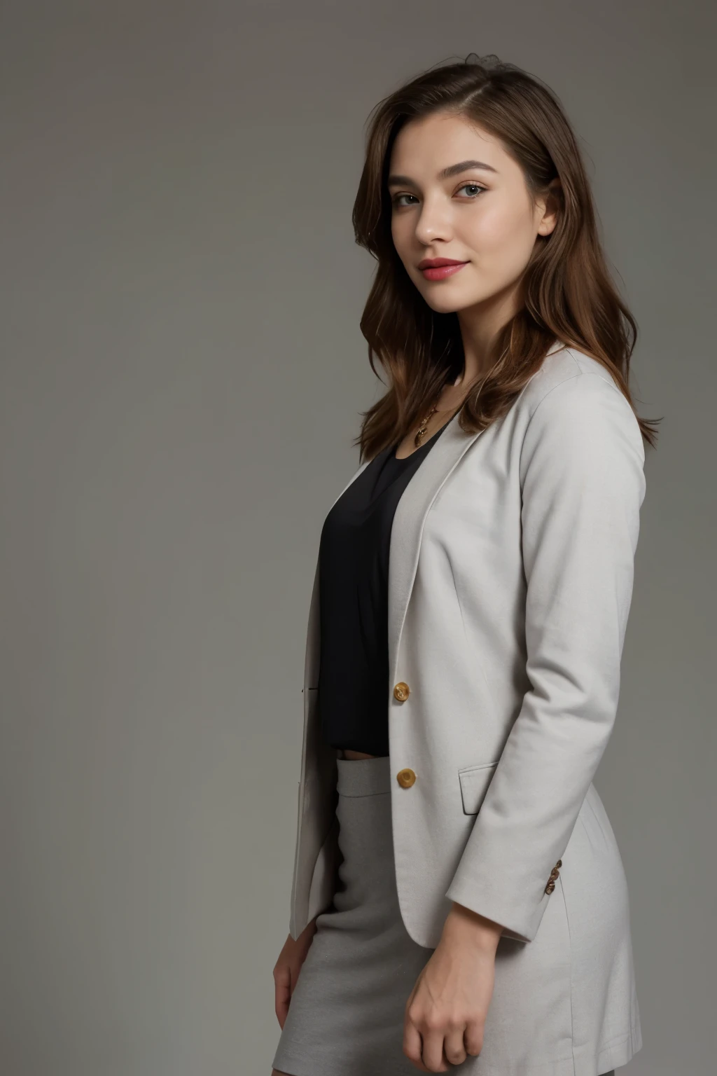 ((melhor qualidade)), ((obra de arte)), (detalhado), rosto perfeito,render,perfect makeup,egyptian eye liner,vivid red lipstick,red dust on cheeks,gold powder above eyes,shiny hair,perfect hair,red hair,big smile,extremely happy,necklace,consultory,doctor clothes,female suit,gray suit,gray coat,closed coat,suit jacket,long gray skirt,light gray background,side view,standup pose,business woman