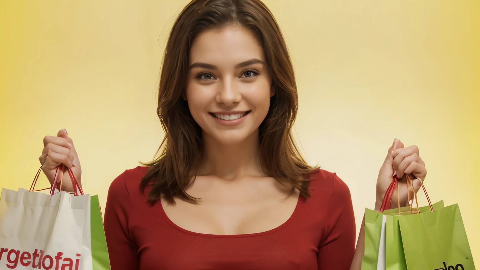 female model smiling exaggerated red outfit super happy displaying shopping bags photo studio yellow background lighting HARDER clear skin texture details full body 