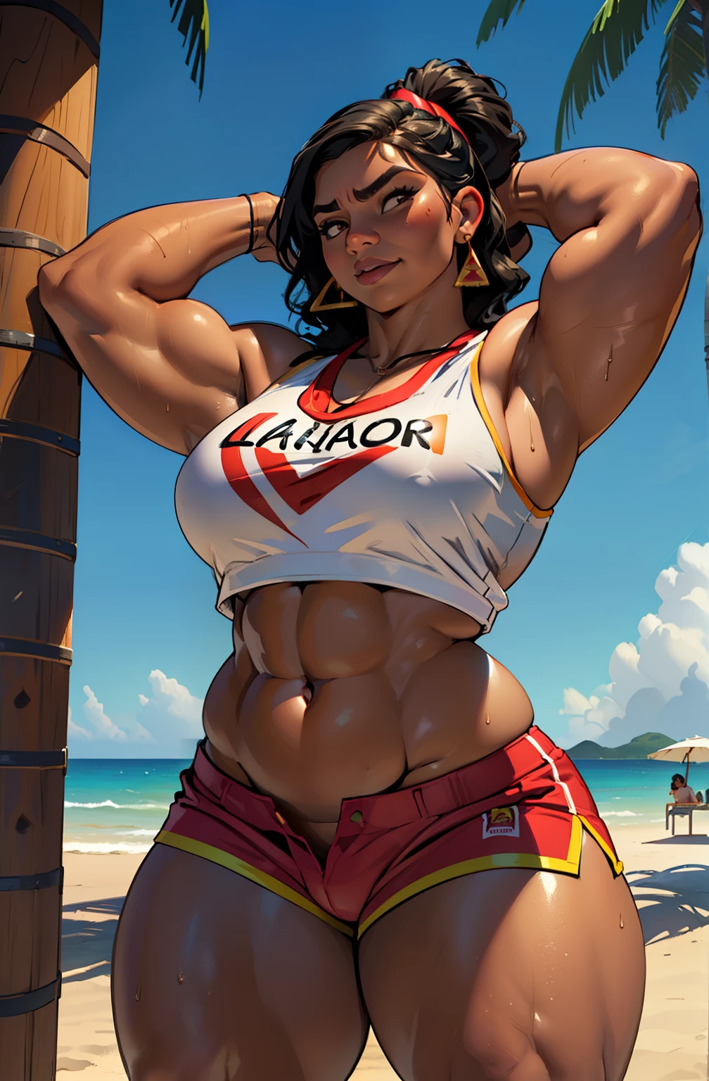 ((Luisa Madrigal from Disney's Encanto)), dark skin ((1 girl)) ((((fat)))), huge tits, ((thick thighs)) (wide hips) ((toned body)) (((long abs))) ((curvy)) (thick thighs)) (dark skin) huge lips, black hair very long hair, ((lifeguard outfit)), sleeveless crop top, high rise shorts, whistle on neck, earrings, on a beach, (((((stretching))))), sweaty, (shiny skin)