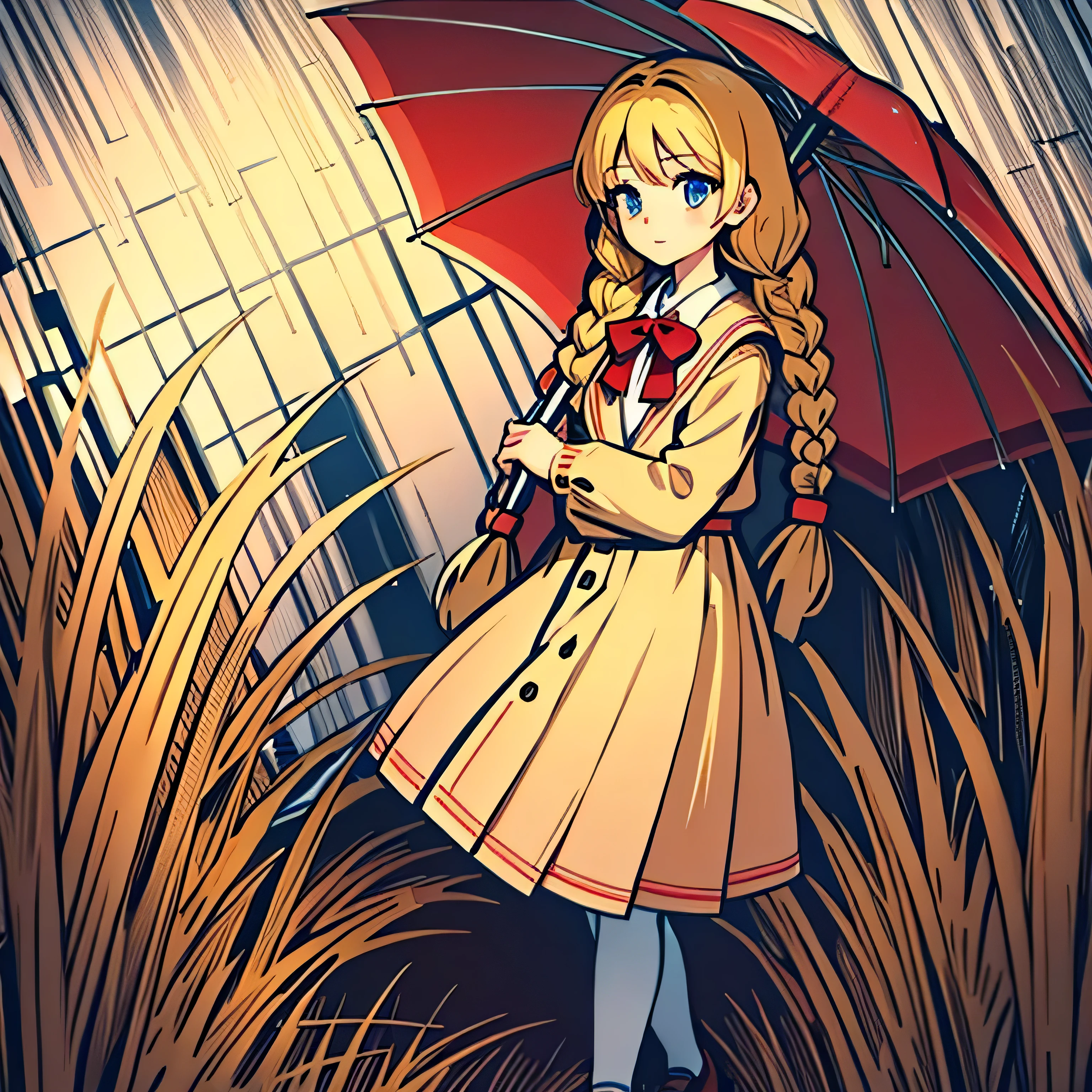 one girl, best quality, lineart, monochrome, satomura akane, long hair, blond hair, blue eyes, twin braids, large braids, school uniform, knee length skirt, red skirt, white socks, school shoes, shirt with a red bow, closed beige cardigan sweater, holding an umbrella, apathic face, full body, outdoors, tall grass field, raining, monochrome