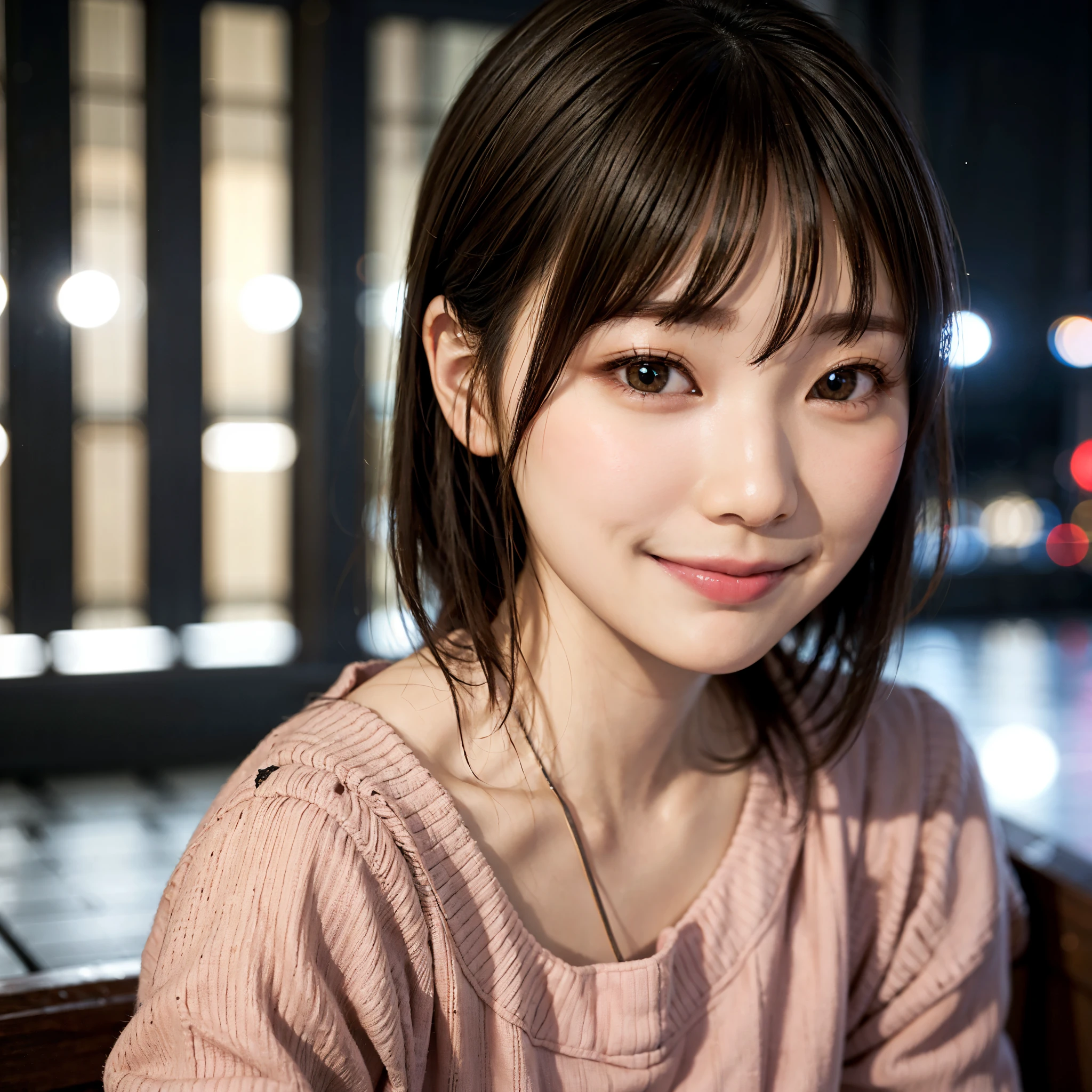 Japanese girl in casual clothes、Pay attention to your audience、Tokyo night skyline、(highest quality、master masterpiece)))、HD fine、very detailed、master masterpiece、movie lighting、(8k、highest quality、master masterpiece:1.2)、(realistic、Photoreal:1.37) High resolution、Super detailed、woman wearing glasses、Silent expression、round glasses、Asian, cute, cute顔, alone, short hair 1.2, rough skin, Beautiful smile, Beautiful and detailed night sky, night view, movie lighting, written boundary depth, lens flare light、date、(blush your nose)、、(closed your mouth)small breasts、beautiful detail eyes、(sweater:1.1)、(short hair:1.2)、floating hair nova frog style、
