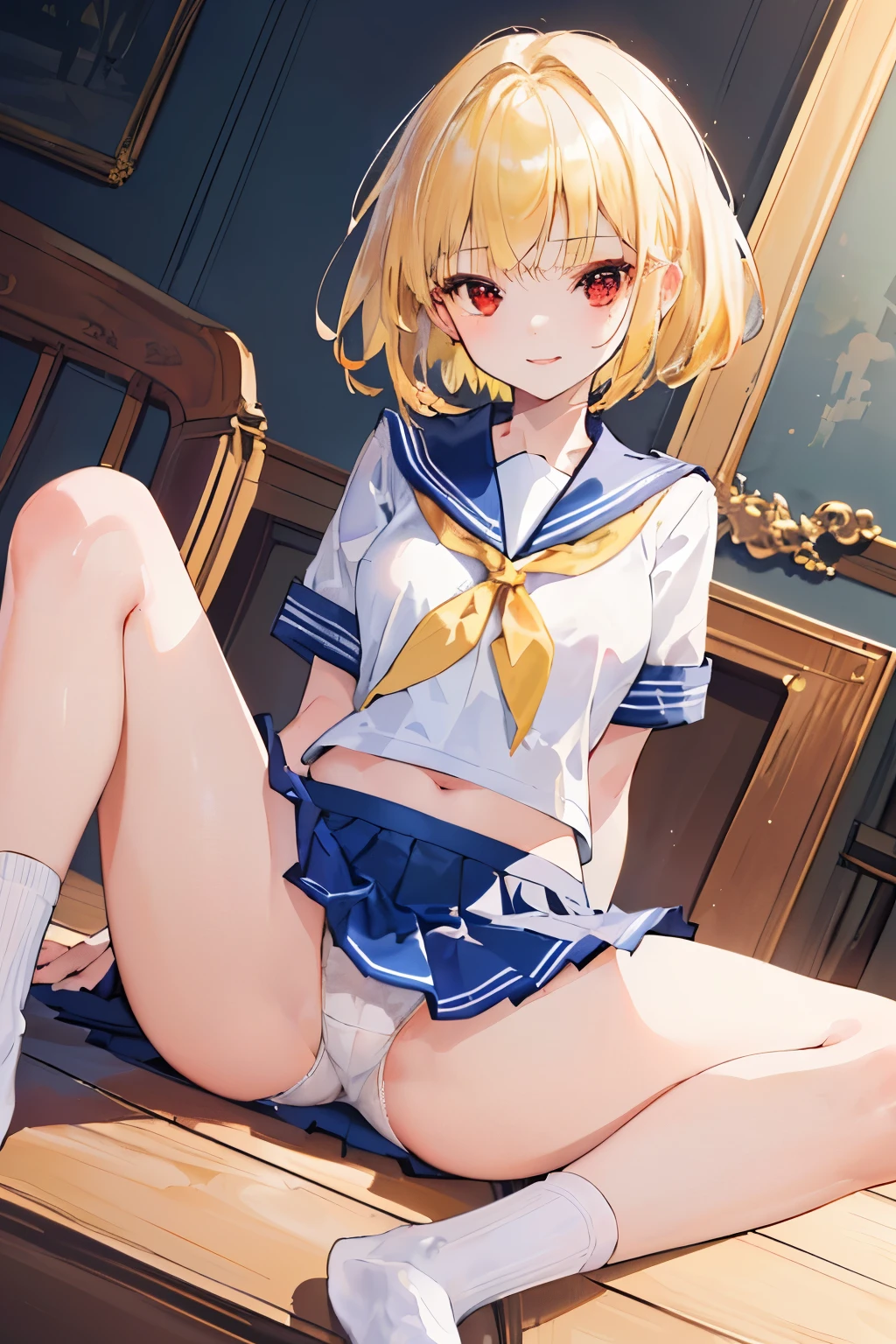 (((1girl))), ((best quality)), ((masterpiece)), ((ultra-detailed)), (illustration), (detailed light), (an extremely delicate and beautiful), (beautiful detailed eyes), (sunlight), ((extremely light)), ((extremely clothes)), (((hyper detail))),(((((front lighting))))),(((((front light))))),
((((quite adorable sailor uniform with brief pleated skirt)))),
,
wavy short manish bob, ((((yellow gold hair)))), (((short hair))),
(((ruby red eyes))),
((((whole body)))), aged 5 8, ((((())))), ((((very adorable young girl)))),
(((condescending expression))), (mischievous smile with sexual satisfaction), (((extra adorable))), (((extra slender shape))),
(((extremely beautiful detailed face))),
(((sitting with legs up))), (((((Dutch angle))))),(((crystal white panties))),
(((()))),
(((extremely thin thighs))), (((white socks)))