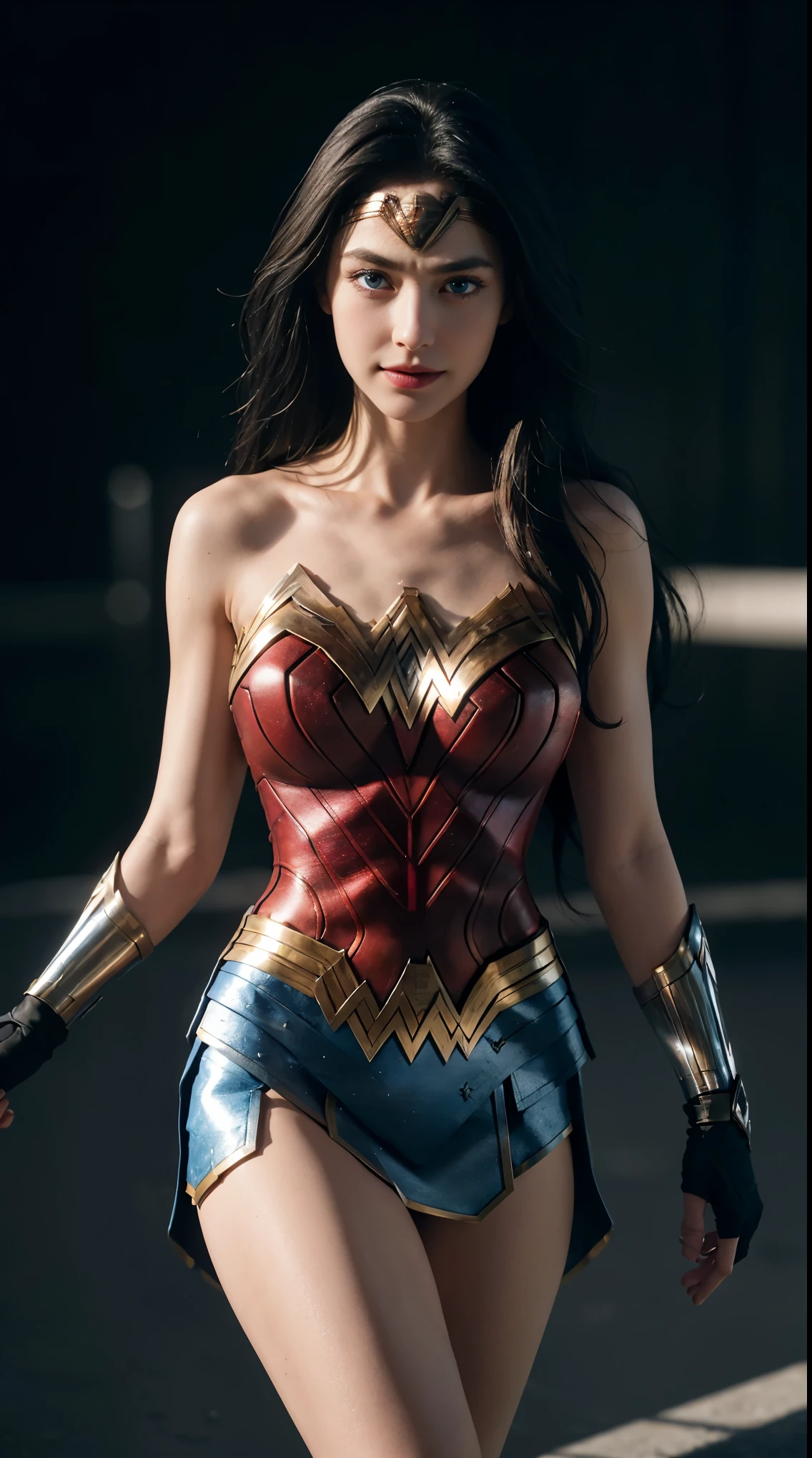 8K, Top Quality, Intricate Details, Ultra Detail, Ultra High Resolution, Masterpiece, close up shot, Slender, Smile, (Makeup: 0.4), (Fluffy Blue Eyes: 1.21), blue Eyes, looking at viewer, (()), 1girl, solo, 1 girl, (( )), , , ((tall)), (((fit body))), (((slim face))), sharp face ,black hair, long hair,, )) , (detailed face), sharp face, small lips, standing ,spread leg , , ((wonder woman suits)), ((detail belly )), detail fingers, detail hands, detailed face, detailed breast, , large breast, ,  , Beautiful girl with accentuated slender abs: 1.4, Six Pack Abs: 1.4, Bust Botox, Big, Perfect Body, (( dark background)), black background,