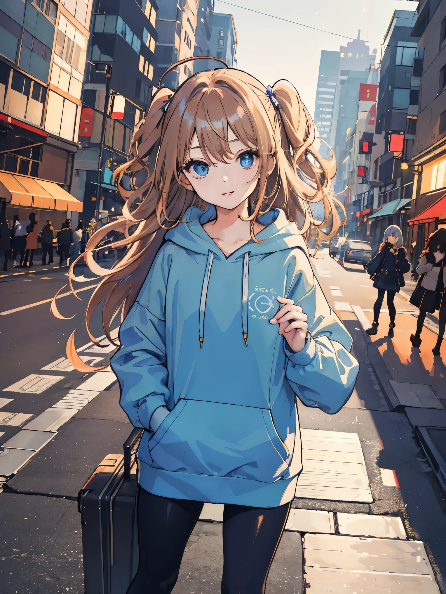 (highest quality,High resolution,masterpiece:1.2),Super detailed,realistic,HDR,Professional,bright chestnut hair,Bokeh,portrait,landscape,photograph,concept artist,soft pastel tones,pastoral lighting,fine and beautiful eyes,thick and beautiful lips,highly detailed eyes and face,long eyelashes,sparkling eyes,delicate nose,cute smile,brown curly hair,1 Ahoge,adorable cute girl,low length,見事なProfessionalポーション,Cute personality,attractive appearance,pedestrian crossing,carry the old woman's luggage instead,bright blue eyes,innocent look,two side up hair, long blue hoodie,black leggings,standing on the street corner