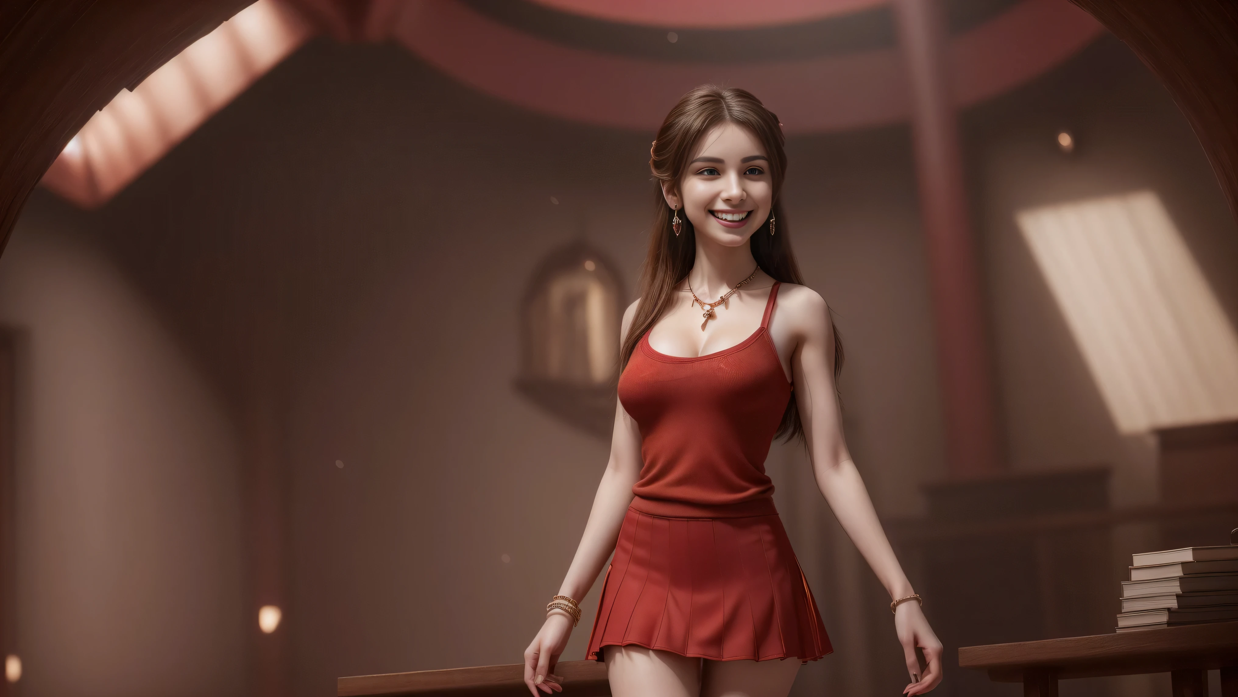 8k, masterpiece, RAW photo, best quality, photorealistic, extremely detailed CG unity 8k wallpaper, Depth of field, Cinematic Light, Lens Flare, Ray tracing, (extremely beautiful face, beautiful lips, beautiful eyes), intricate detail face, ((ultra detailed skin)), ((1girl:1.9)), (((alone:1.9))), ((17years old)), ((seductive pose)), studying alone in a classroom, nobody else, (beautiful and aesthetic:1.2),deep shadow, (sharp focus), [((Raiana-Elizabeth-Dilla:1.9))], pretty girl, (very slim slender fit-muscled body:1.9), ((beautiful legs:1.5)), (big smile:1.9), (happy expression), (((ultra-short ((red:1.5)) casual-style uniform with shirt and miniskirt))), clear eyes, ((studying scenery,books,aesthetic atmosphere,peaceful,serene,organized,minimalist design)), beautiful earrings, bracelets, necklace, red pendant, (pale skin), ((whole-body-view:1.9)), ((full-body:1.9, cinematic shot)), soft lighting, (long dark-black hairs), (looking at viewer:1.8), cleavage breasts, (large breasts:1.4), highly detailed, ultra realistic, extremely detailed and realistic ((red:1.5)) clothes.