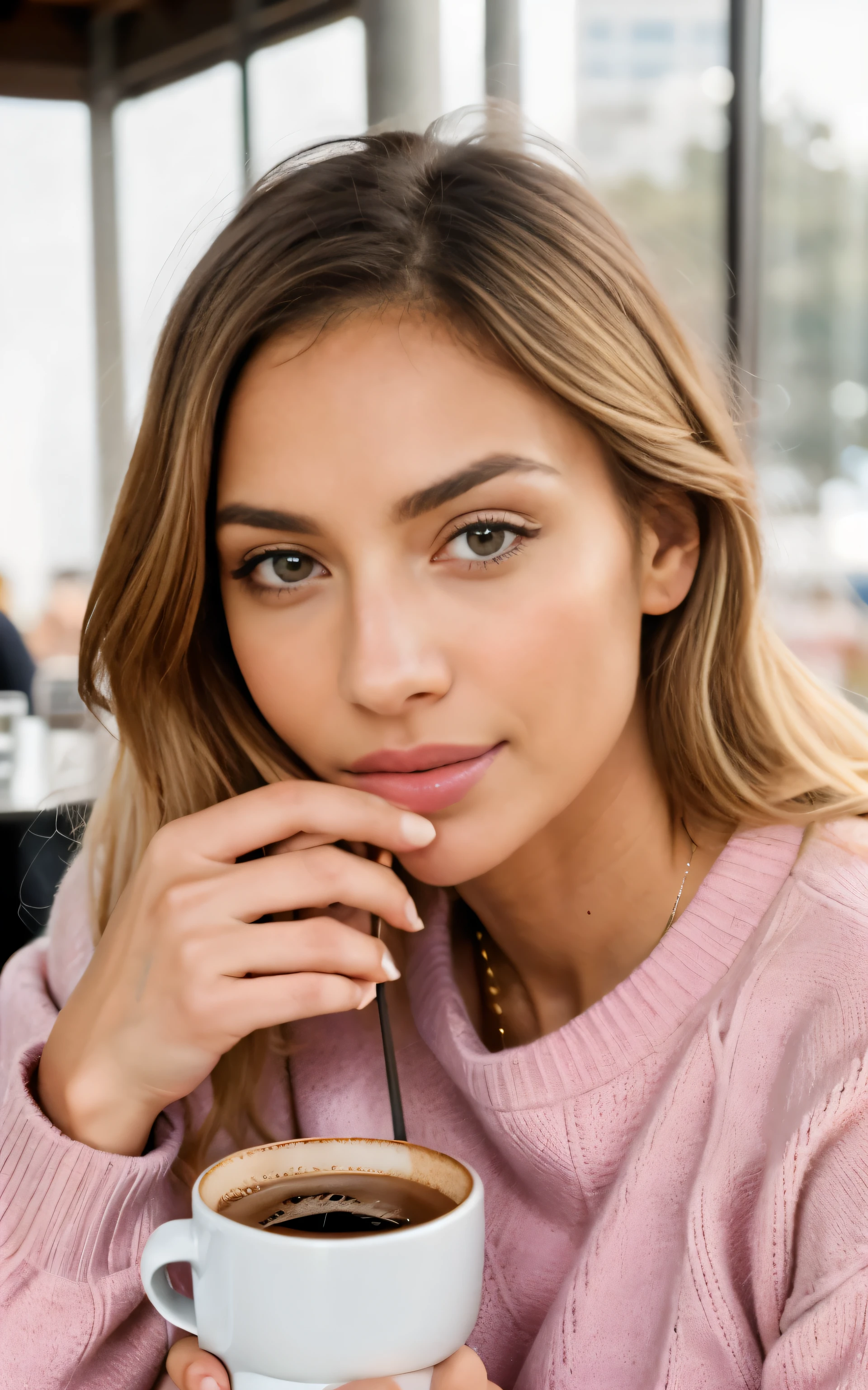 beautiful blonde wearing pink sweater (Drinking coffee in a modern cafe at sunset), Muito detalhado, 21 anos de idade, rosto inocente, cabelos ondulados naturais, olhos azuis, high resolution, obra de arte, melhor qualidade, detalhes intrincados, altamente detalhado, sharp focus, pele detalhada, Textura de pele realista, textura, olhos detalhados, profissional, 4k, sorriso charmoso, filmado em canon, 85mm, Profundidade superficial de campo, Cores Kodak Vision, corpo em forma perfeita, extremamente detalhado, foto_\(ultra\), Sobre Fotoreal, Realista, Post-processing, maximum detail, rugosidade, Vida real, ultra Realista, fotorrealismo, fotografia, 8k HD, fotografia