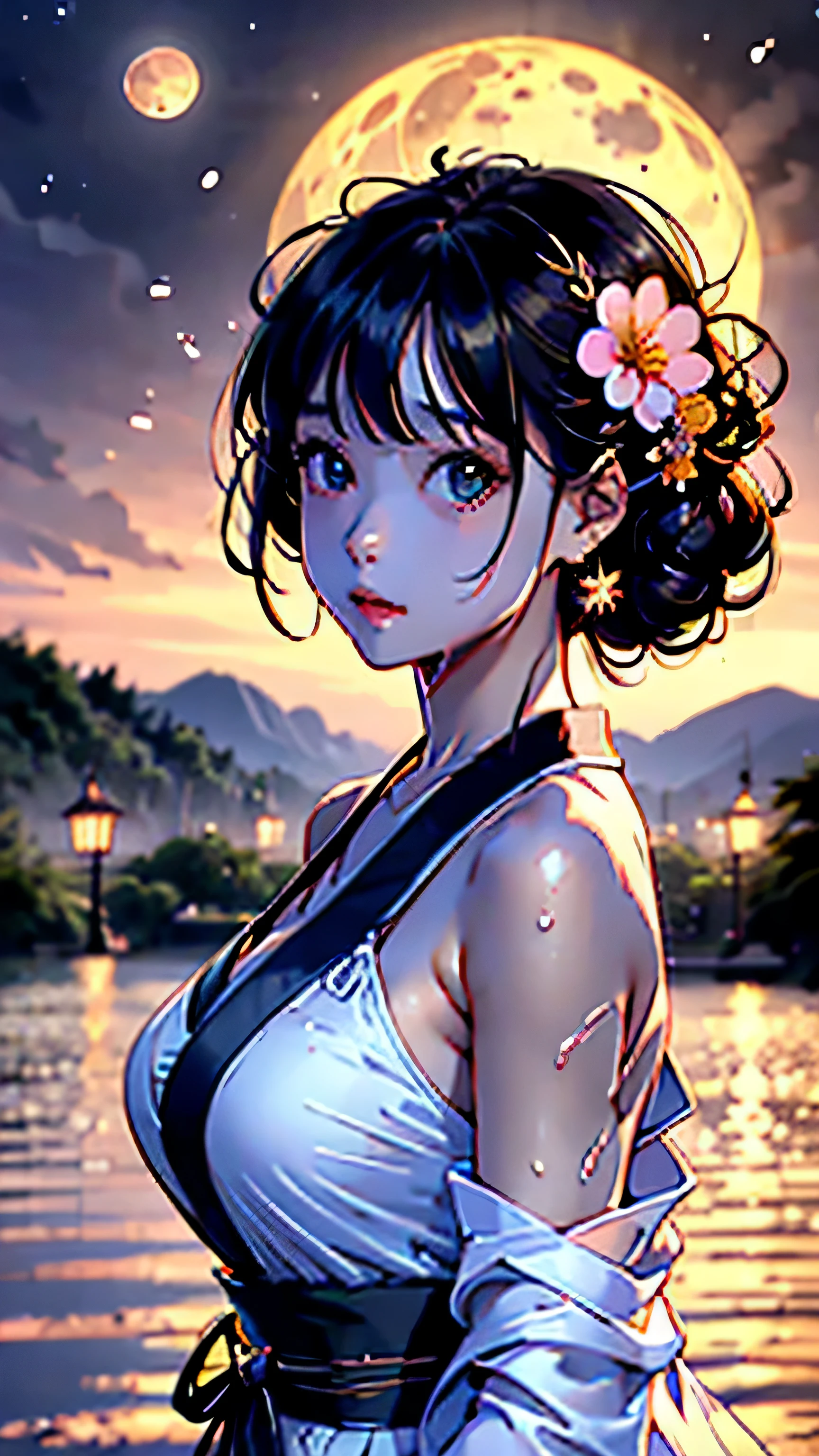 1 girl, Chest, moon, lantern, night, alone, large Chest, hair accessories, wet, kimono, japanese clothes, 涉water, water, hair flower, flower, Outdoor sports, Sky, full moon, rain, black hair, take off shoulders, Mountain, cloud, Keep, sash, bare shoulders, paper lantern, Permanent installation, white kimono, night Sky, side Chests, Heart, wet clothes, Bangs, tree, from the side, reflection, short hair, cloudy Sky, wet hair (((masterpiece),(Extremely detailed CG unified 8k wallpaper),best quality,,alone,1 girl,Light,Detailed background,beautiful and delicate eyes,bright pupils, (extremely delicate and beautiful),(Beautiful and detailed eye descriptions)， super detailed,masterpiece,)),