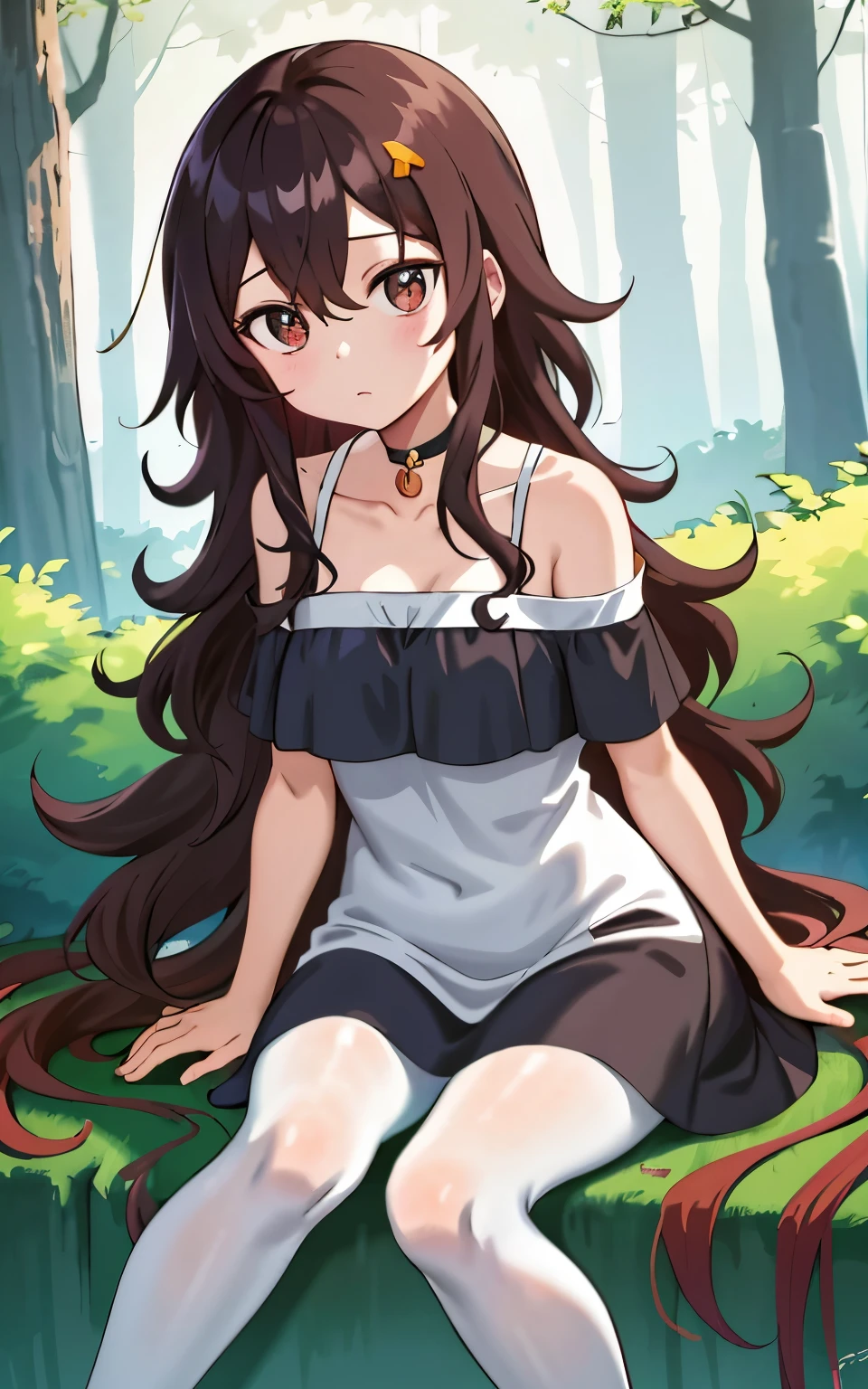 Very long curly hair, , black hair , short dress, white pantyhose,cute legs, sitting, in a forest at night, bare collarbone,bare shoulders, marked , medium , exposed 