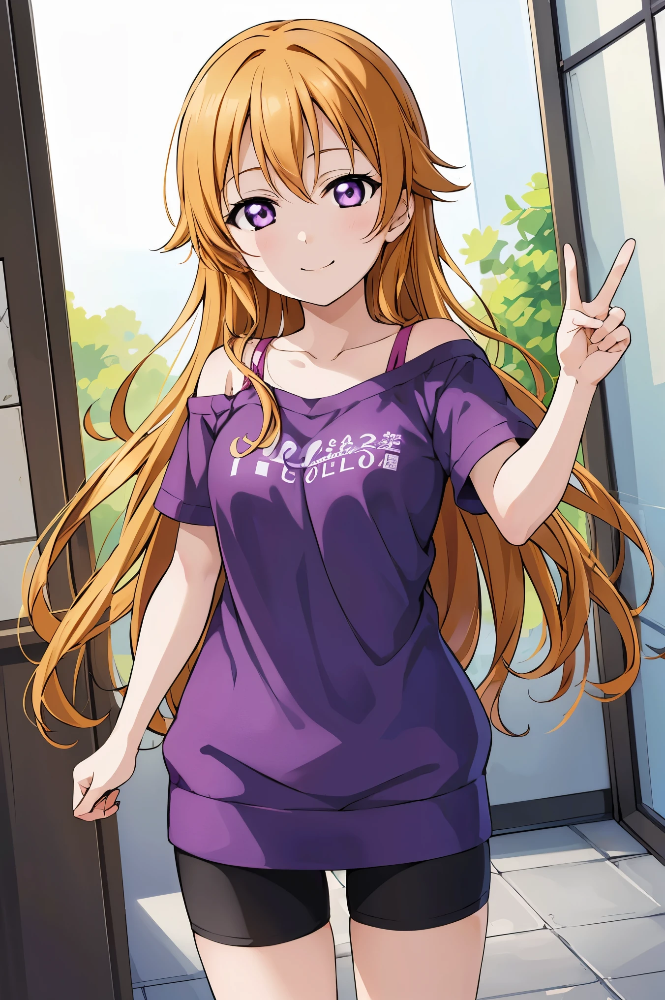 (best quality, masterpiece:1.2), (1girl, solo:1.2), smile, detailed background, (looking at viewer, solo focus:1.2), 
Konoe kanata, long hair, straight hair, purple eyes, blonde hair, off shoulder, t-shirt, purple shirt, short sleeves, black bike shorts, standing, two peace sign, solo focus, 