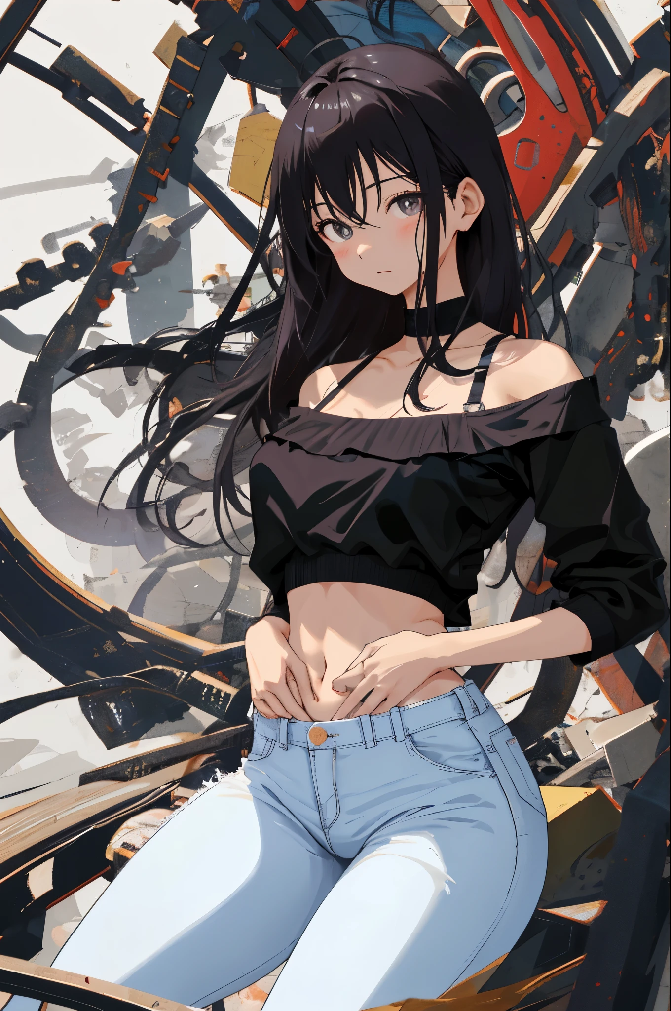 official art, 统one壁纸8k, Super detailed, Handsome and aesthetic, beautiful, The view of this place, spread legs, long hair, short, plump, one , Thick legs, straight hair, Hinata, hyuuga Hinata, empty eyes, white eyes , white pupils, big butt, belly out, jeans, bra, Breasts sticking out, skinny jeans, Black shirt, shoulders outward