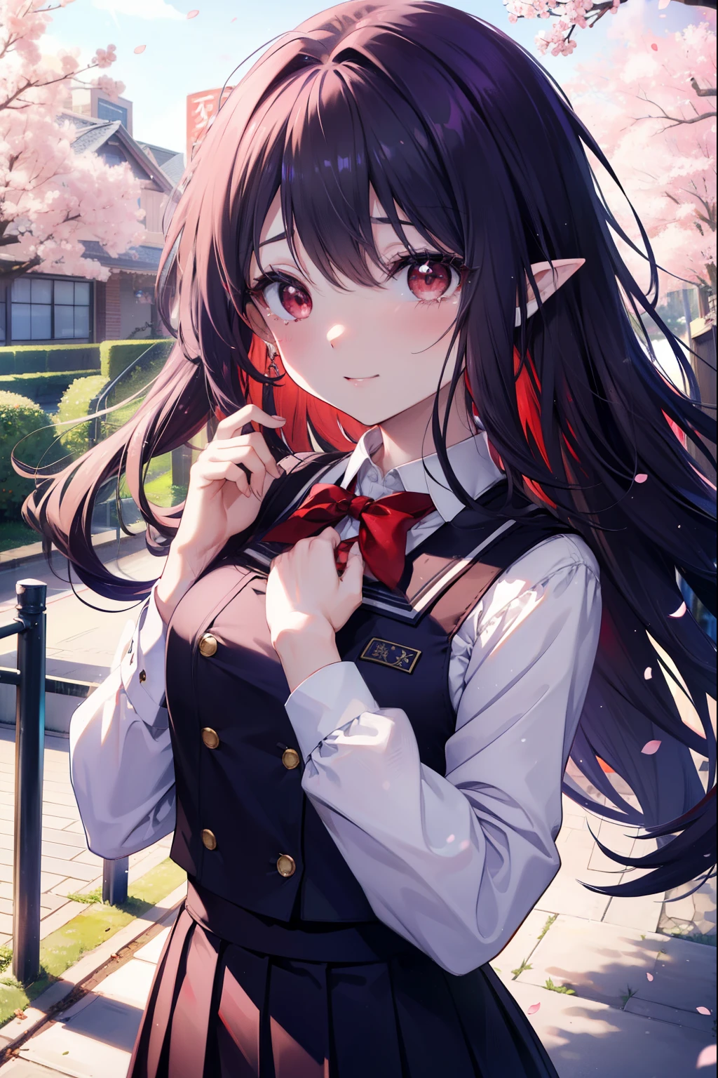 yuukikonno, Yuki Konno, hair band, long hair, pointy ears, purple hair, (red eyes:1.5), (small breasts:1.2), smile,blush,happy atmosphere,
tears run down her face,tears of joy,
high school uniform,white dress shirt,red ribbon,purple blazer,black pleated skirt,white pantyhose,brown loafers,Cherry blossom tree-lined path,Cherry blossoms are scattered,
break looking at viewer, Upper body, whole body,
break outdoors, school gate,
break (masterpiece:1.2), highest quality, High resolution, unity 8k wallpaper, (shape:0.8), (fine and beautiful eyes:1.6), highly detailed face, perfect lighting, Very detailed CG, (perfect hands, perfect anatomy),