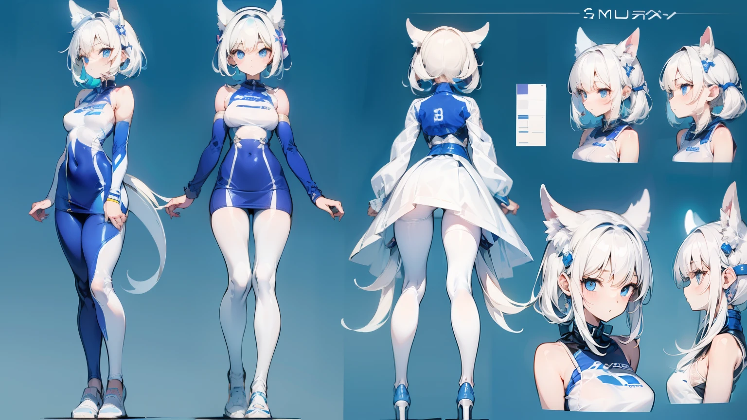(character design sheet) (((Reference table))a girl,gentle,Double tail,Sci-fi hair accessories,racing suit with skirt,absolute realm,light blue eyes