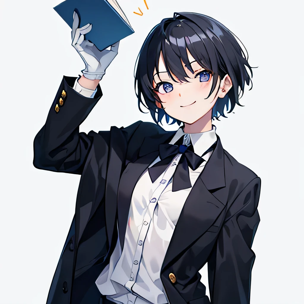 girl, Butler, sexually ambiguous person, smile, Are standing, looking at the viewer, (small breasts:1.4), very short hair, silver eyes, boyish, slanted eyes, narrow eyes, (Clothes that do not expose skin:1.3), business suits and dress shirts, gloves, mole, Upper body, From above, highest quality, black hair,