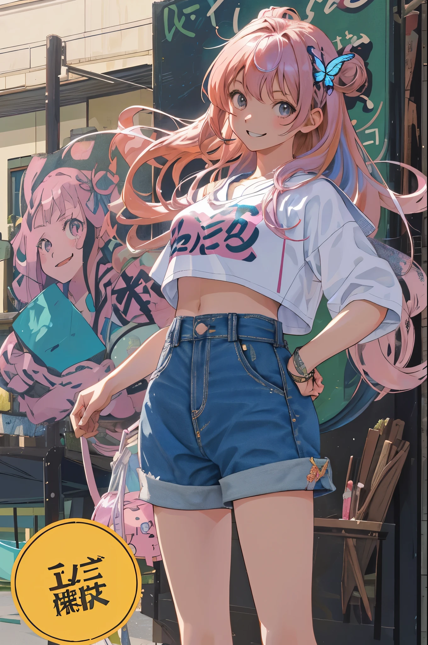 two-dimensional, masterpiece, best quality, Japanese cartoons, Very detailed, 1 girl, alone, Cowboy shooting, Nino Nakano, pink hair, butterfly hair accessories, crop top , split, Denim shorts , medium breasts, Permanently installed, School, Outdoor activities, Smile