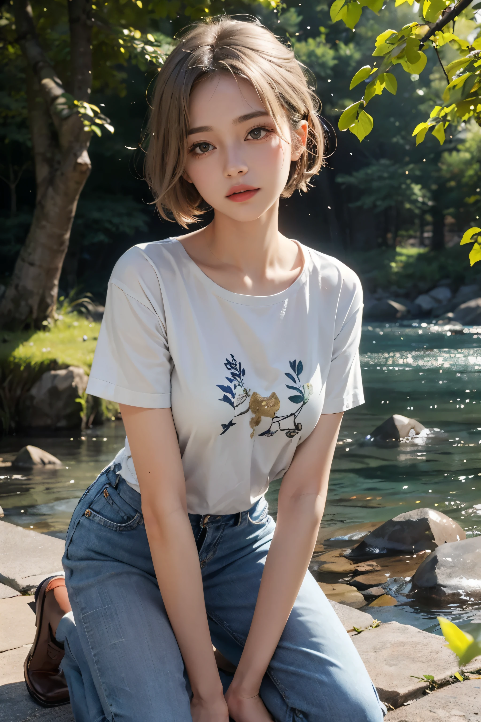((best quality)), ((Masterpiece)), (details), perfect face,slender face, beautiful eyes, detailsดวงตางดงาม, short golden gray hair, Medium milk, Light shirt with beautiful cartoon pattern.., Kneeling by the river, soft evening light, The light filtering through the leaves is very beautiful..,