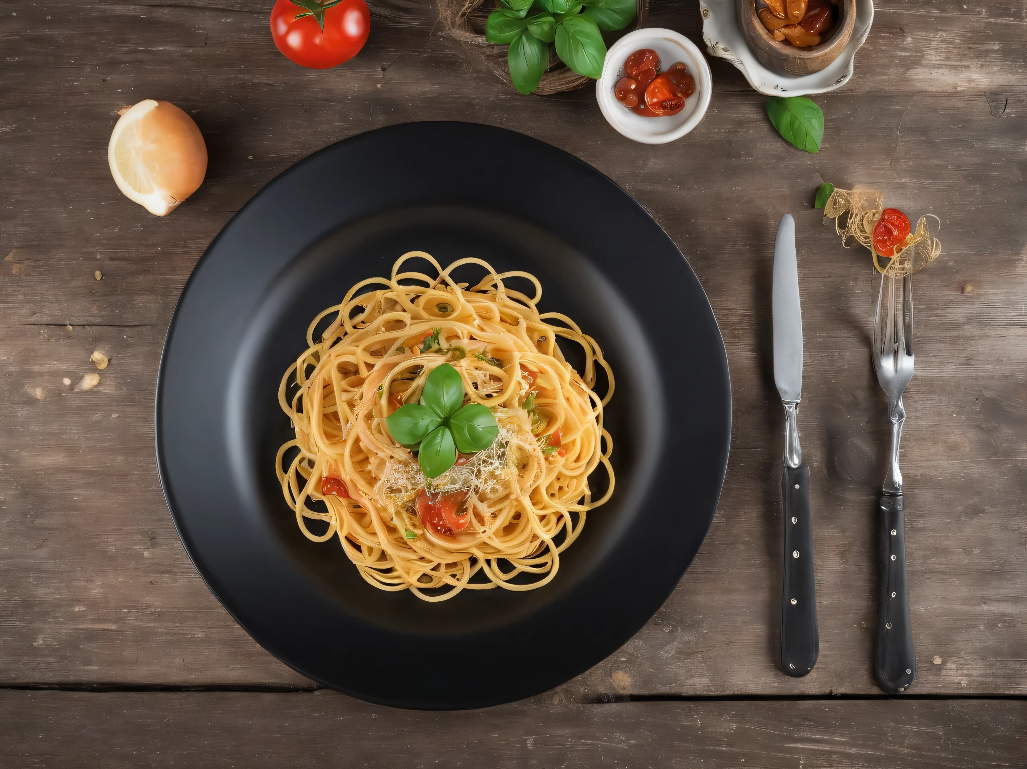 black plate with spaghetti on a rustic table adorned with elements contextualized with spaghetti