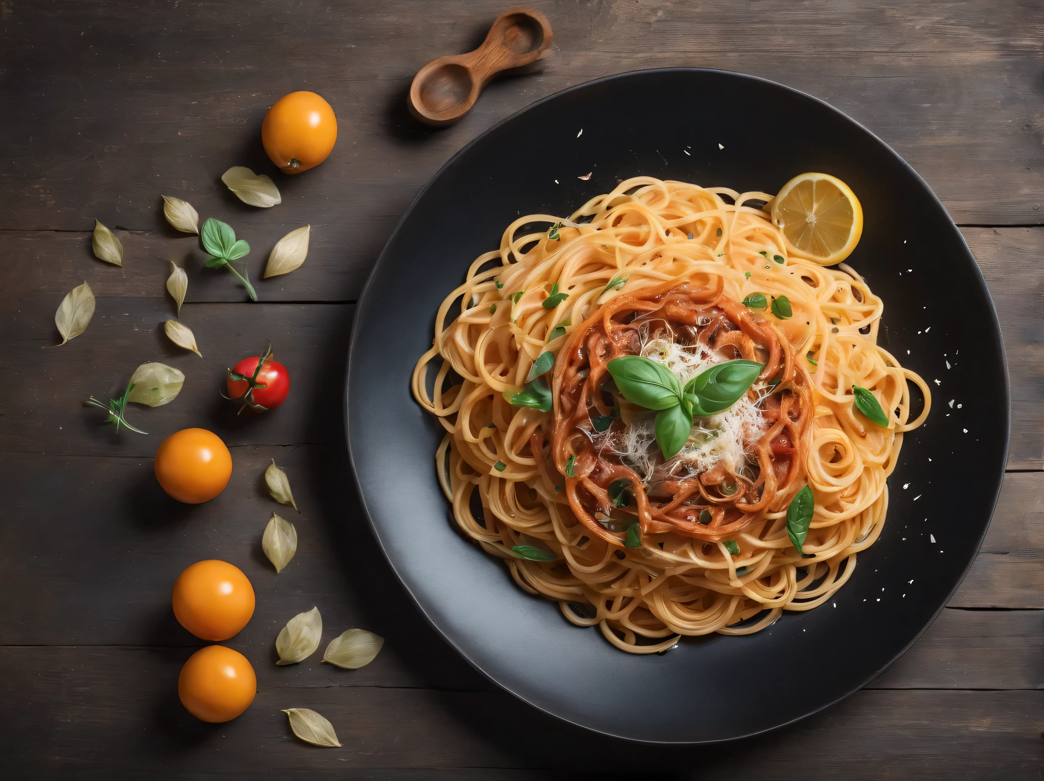 black plate with spaghetti on a rustic table adorned with elements contextualized with spaghetti