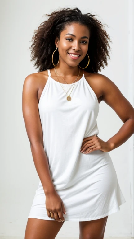 masterpiece, best quality, alone, (full body)，full-body shot，an african american woman, Wearing a casual dress，pure white background，glowing skin, hoop earrings, charming, Whimsical details, smooth hair, Enchanting, shallow view deep, contrasting, professional model, front, portrait，