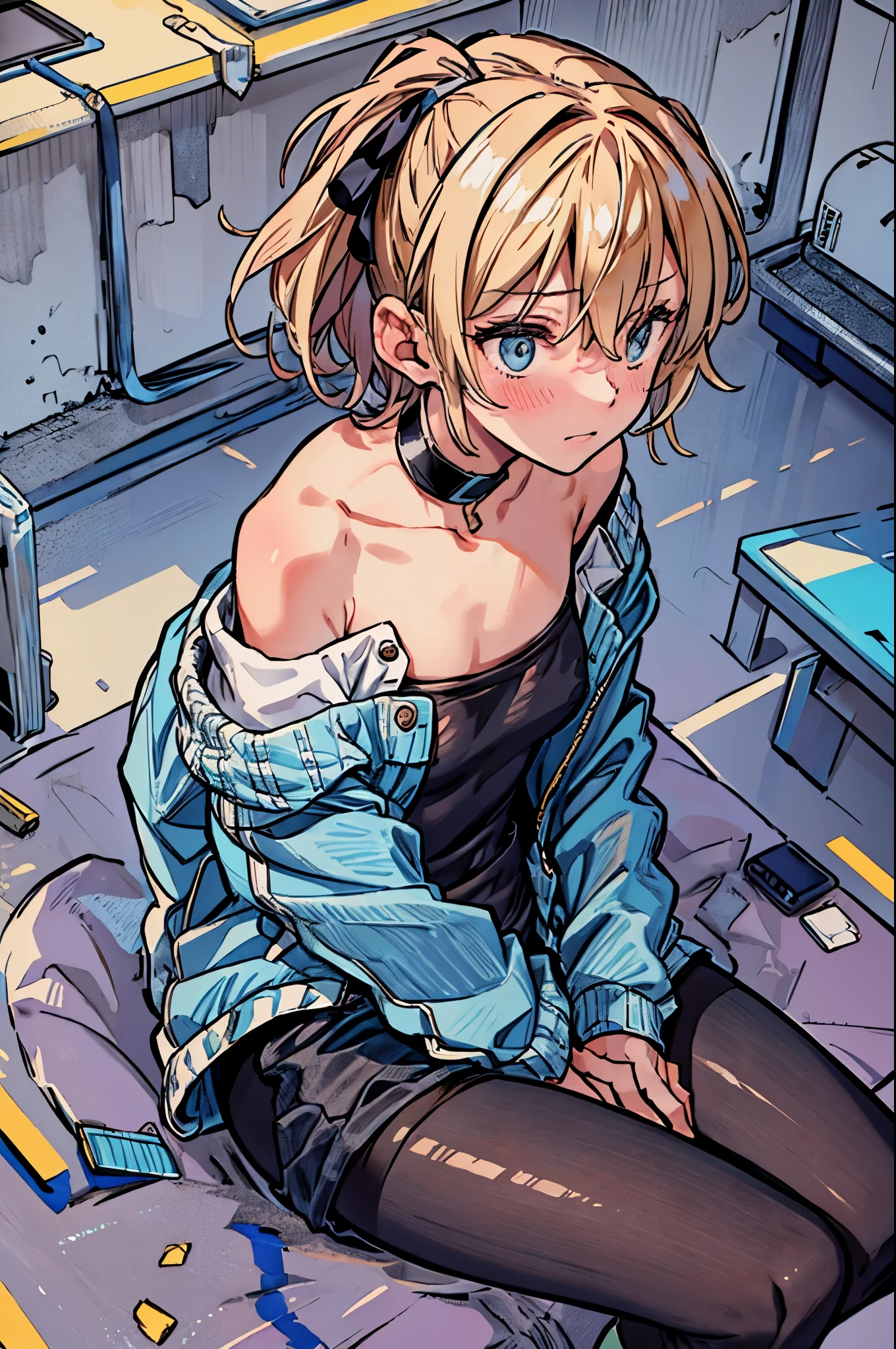 best quality,ultra-detailed,((background:outside street1,8)),((one boy)),((fem boy)),((trap)),((bulge)),black-choker,((blonde short hair)),((man’s face)),((dress up as a woman)),((blush)),((flustred)),((poor chest)),((flat chest)),(off-shoulder tops),(black-mesh-tops),(denim shorts),(white loose socks),(sneakers),((having a carry-bag)),vibrant colors,soft lighting,